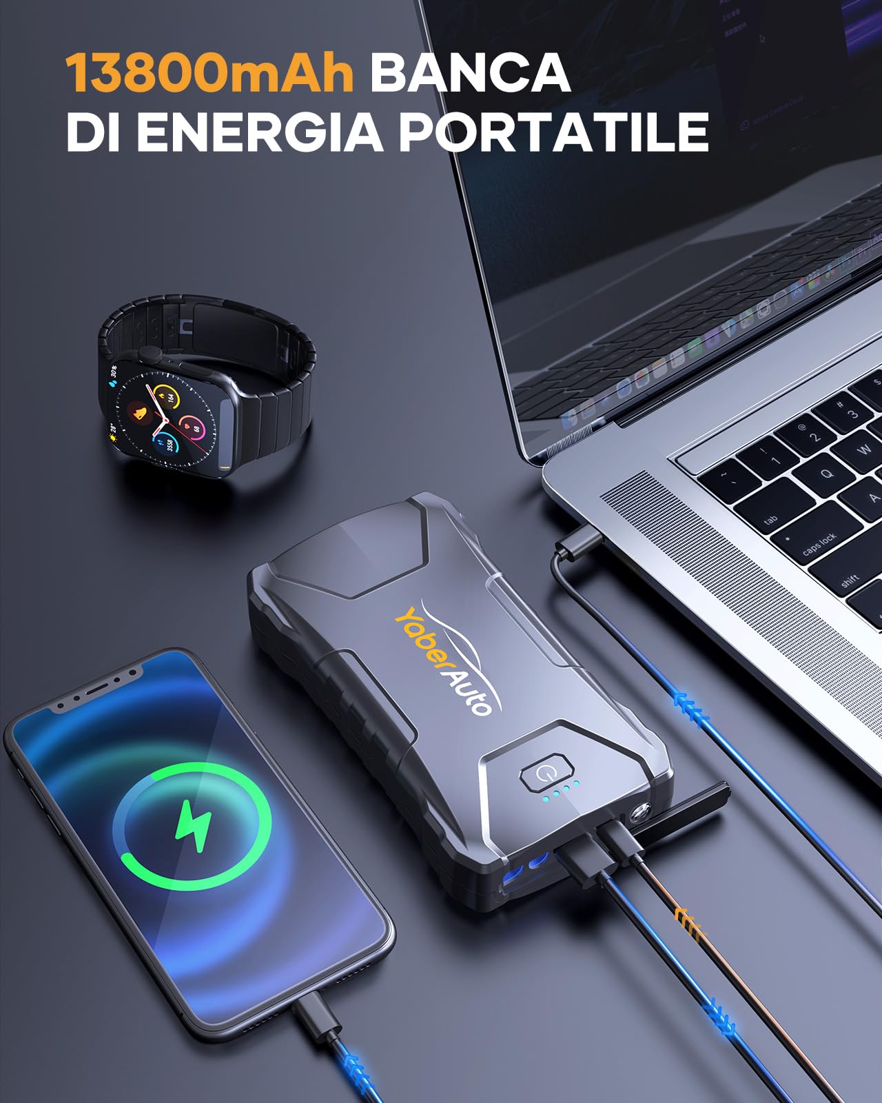 YaberAuto Avviatore Batteria Auto, 6000A Booster Avviamento per Tutto Benzina e 10L Diesel Motori, Avviatore Emergenza per Auto/Moto Portatile con Avviatore Forzato