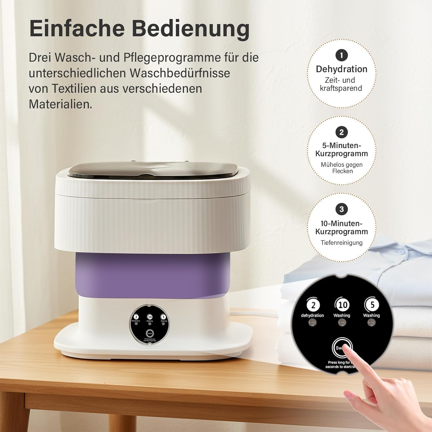 Mini Waschmaschine Faltbar Tragbare Waschmaschine – 10L Folding Waschmaschine mit Schleuderfunktion, Touchscreen & 3 Waschmodi, Tragbare Campingwaschmaschine für Reisen, Studenten, Wohnmobil