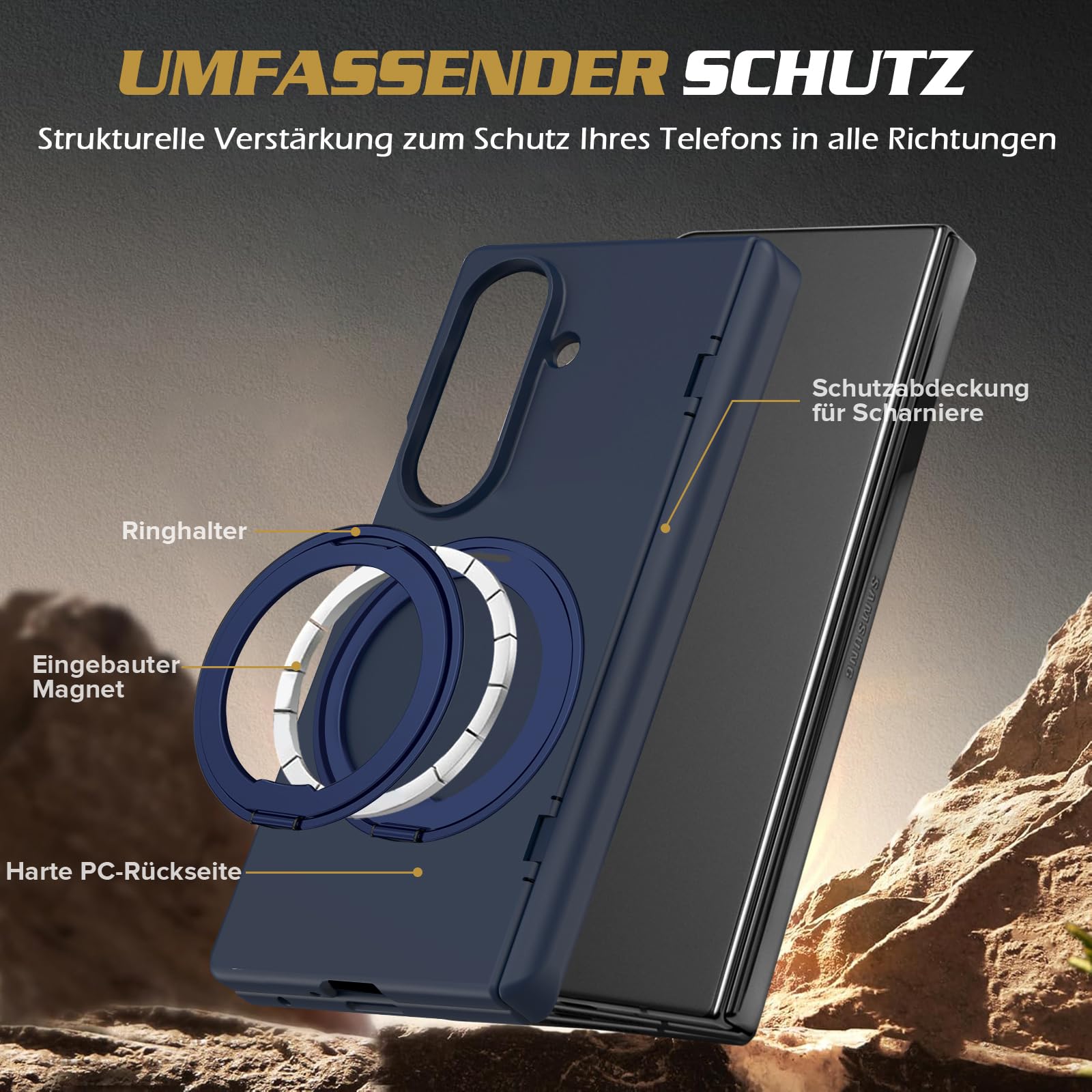 Custodia magnetica per Samsung Galaxy Z Fold 8 Ultra, custodia rigida in policarbonato opaco con pellicola protettiva, protezione cerniera, supporto a 360°, anello magnetico antiurto (blu)