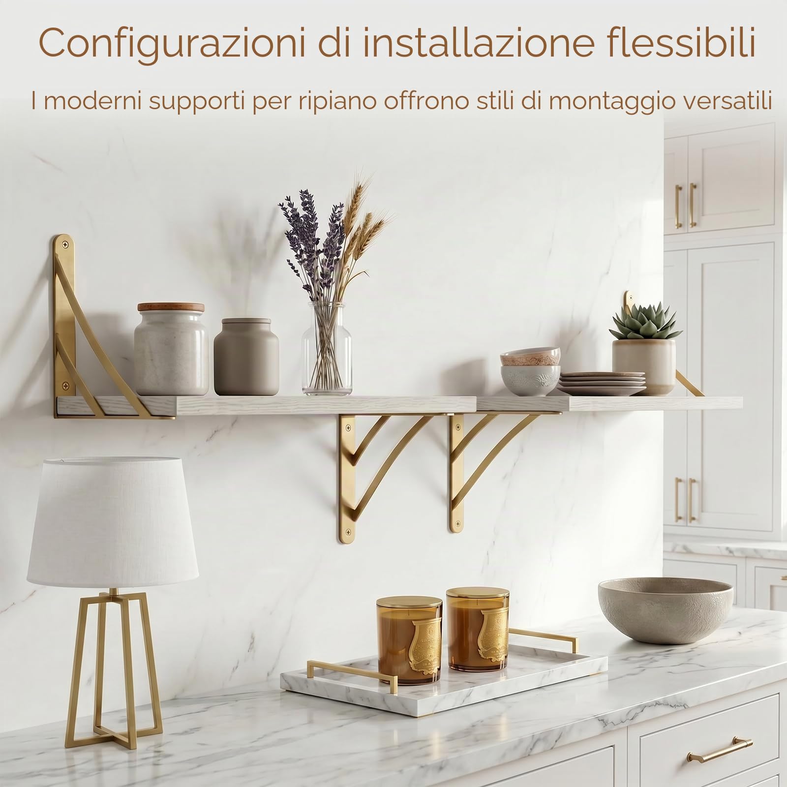 Z METNAL Staffe per mensole dorate, 200 mm, versatili ad angolo retto da parete, per ponteggi, decorazione da parete moderna in ottone, per scaffalature fai da te, 4 pezzi