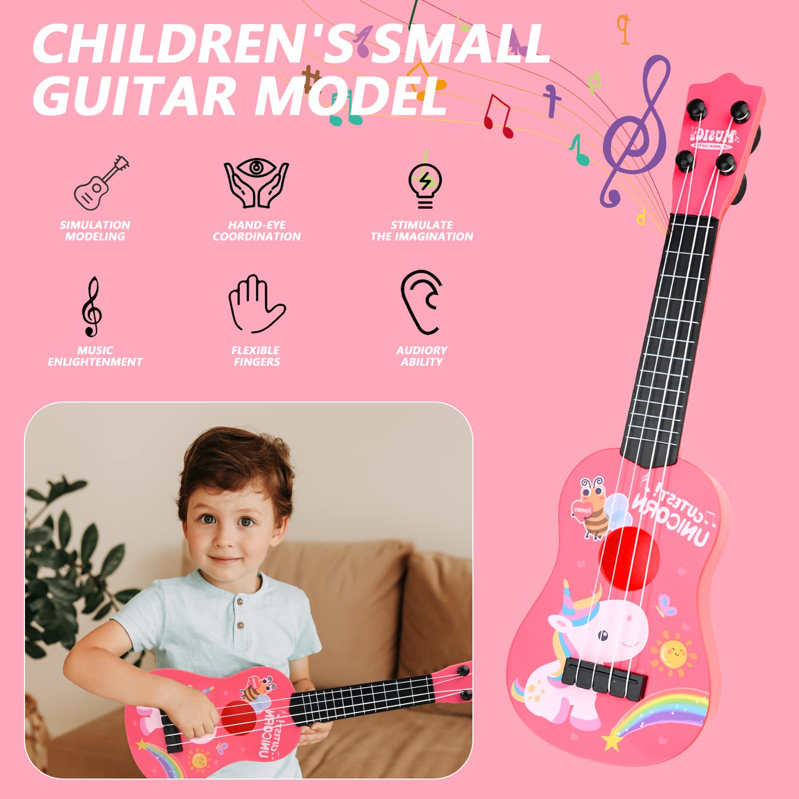 42 cm Ukulele Soprano, Strumento Musicale Classico per Chitarra Ukulele Strumento Musicale per Chitarra Giocattolo Ukulele con 4 Corde Regolabili Mini Chitarra e Plettri