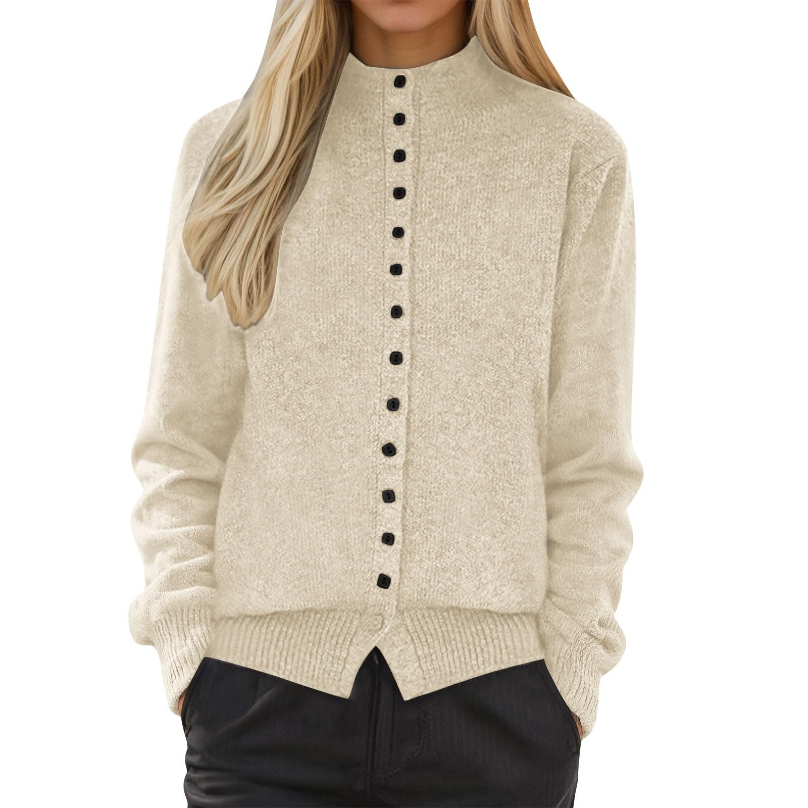 Womens Button Down Sweaters Long Sleeve Mock Neck Cable Knit Fall Open Front Chunky Cardigan Sweaters Winter Outfits