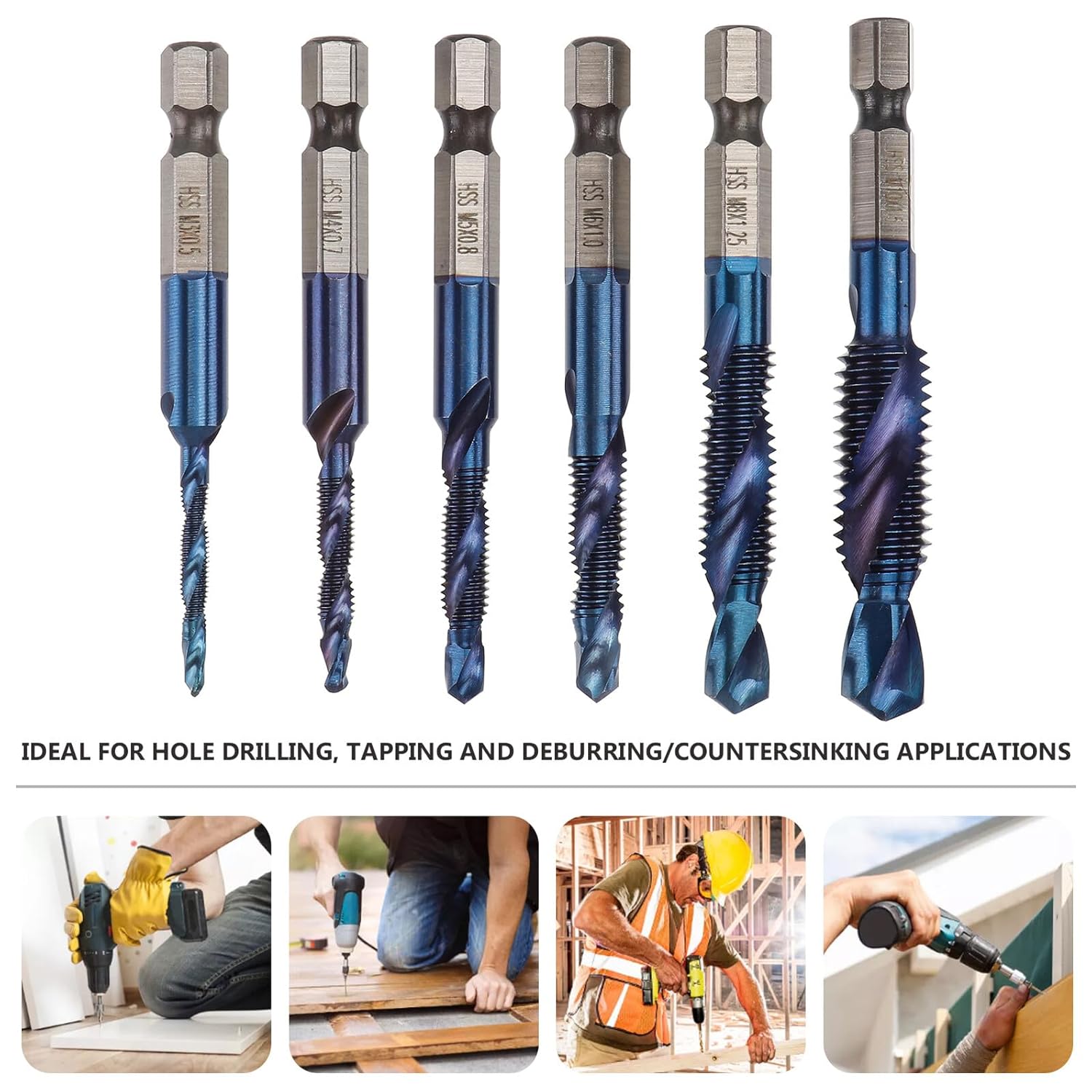 6pcs M35 High Speed Steel Drill and Spiral Tap Bit Set, Metric Thread M3-m10 with Hex Shank and Nami Blue Coating, Industrial Cutting Tool for Threading and Drilling Applications
