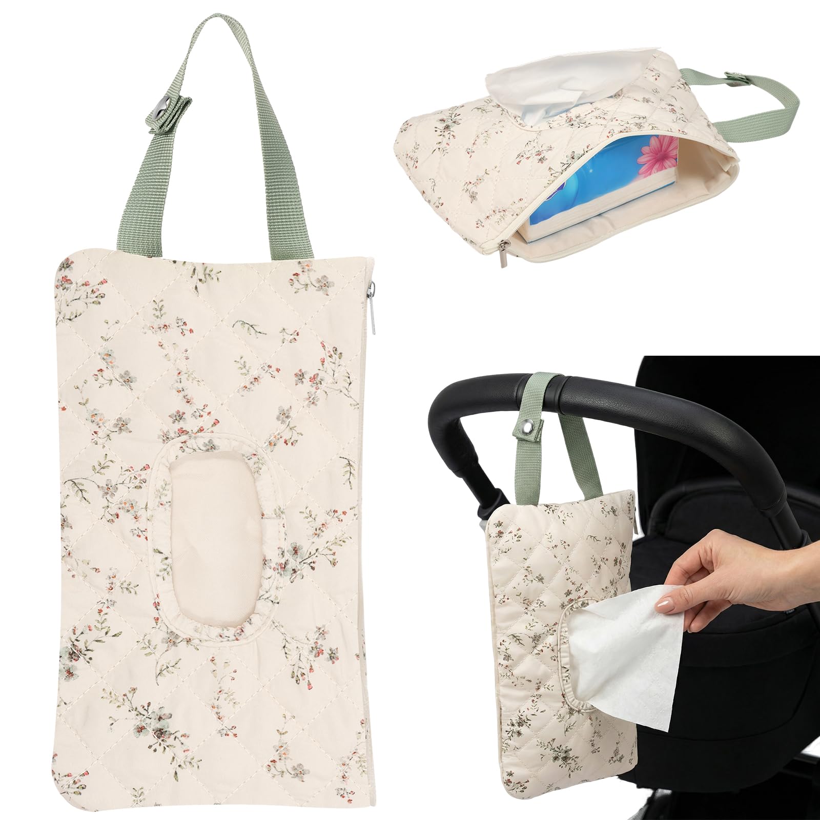 Shaojian Green Baby Wipes Dispenser Quilted Floral Baby Wipe Holder With Zipper And Lanyard, Portable Hanging Wet Wipe Bag For Car And Stroller, Reusable And Refillable
