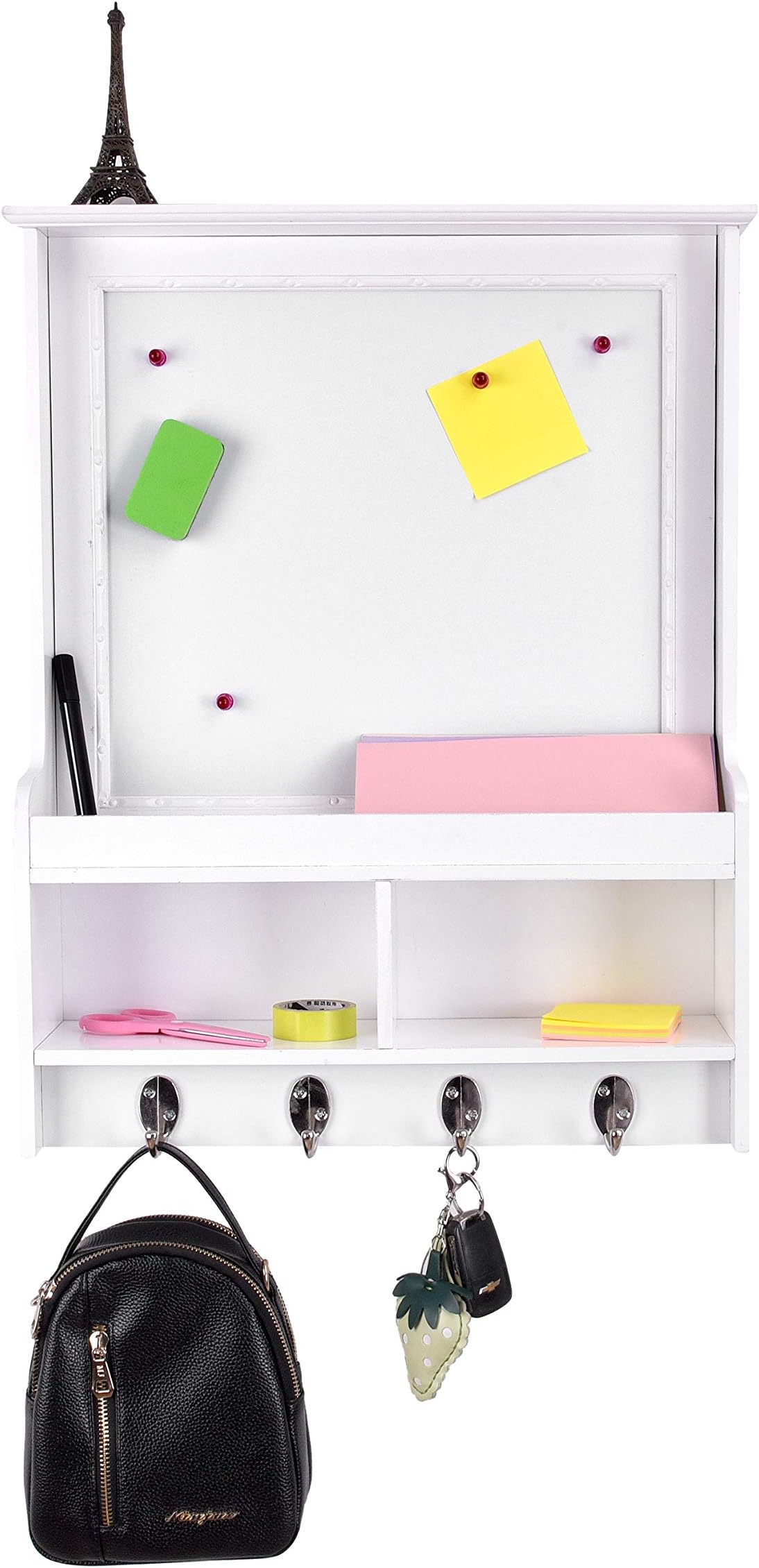 EMERIT Wall Mounted Decor Organizer with Magnetic Dry Erase Memo White Board,Mail Holder,Key Hanger Hooks for Home Office