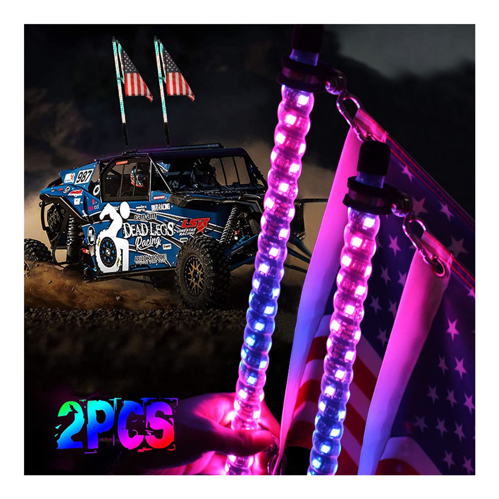 2 luces de látigo LED RGB en espiral de 3 pies con control remoto, luz de persecución/baile, látigos de antena iluminados de advertencia todoterreno, 366 modos para Can-am ATV UTV RZR Polaris Dune Bug