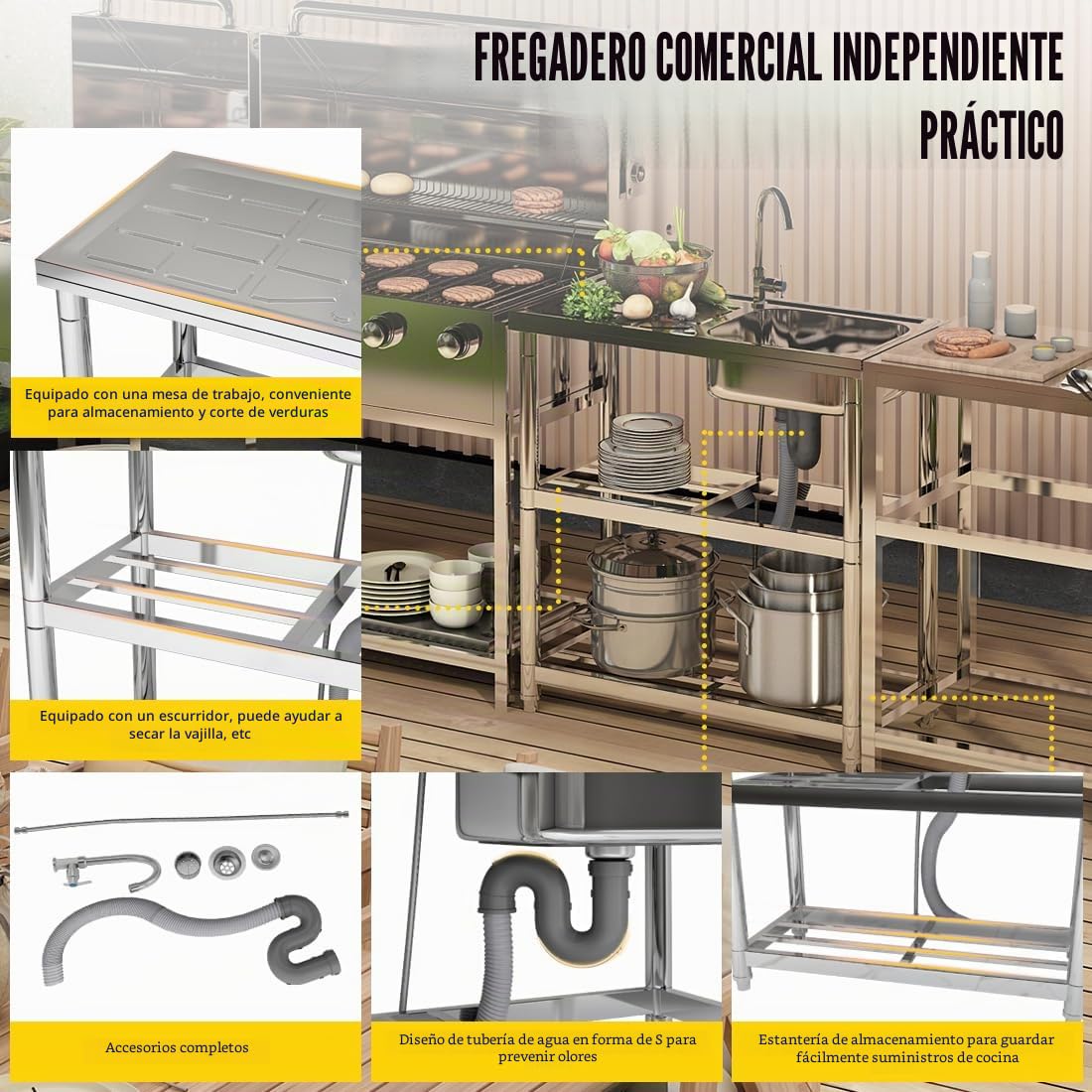 Lavabo independiente de acero inoxidable, lavabo libre con grifo, fregadero de cocina con superficies de apoyo, lavabo multifuncional con tubería de agua, lavabo de uso para lavadero, jardín