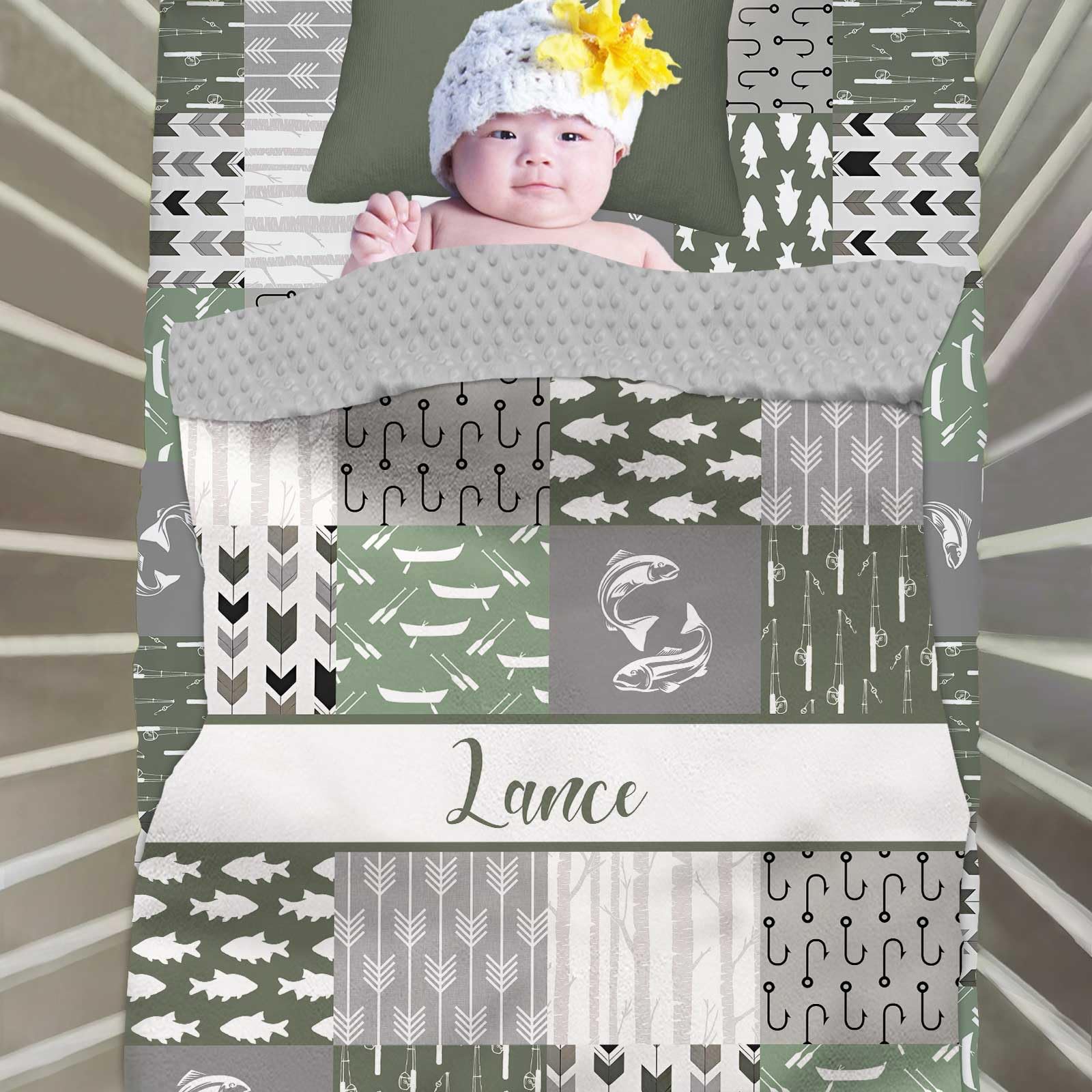 Munific Custom Name Baby Crib Bedding Sets for Boys, Personalized Fishing 2 Piece Sets, Minky Dotted Backing Blanket, Fitted Sheet, Nursery Sets for Newborn to Toddler