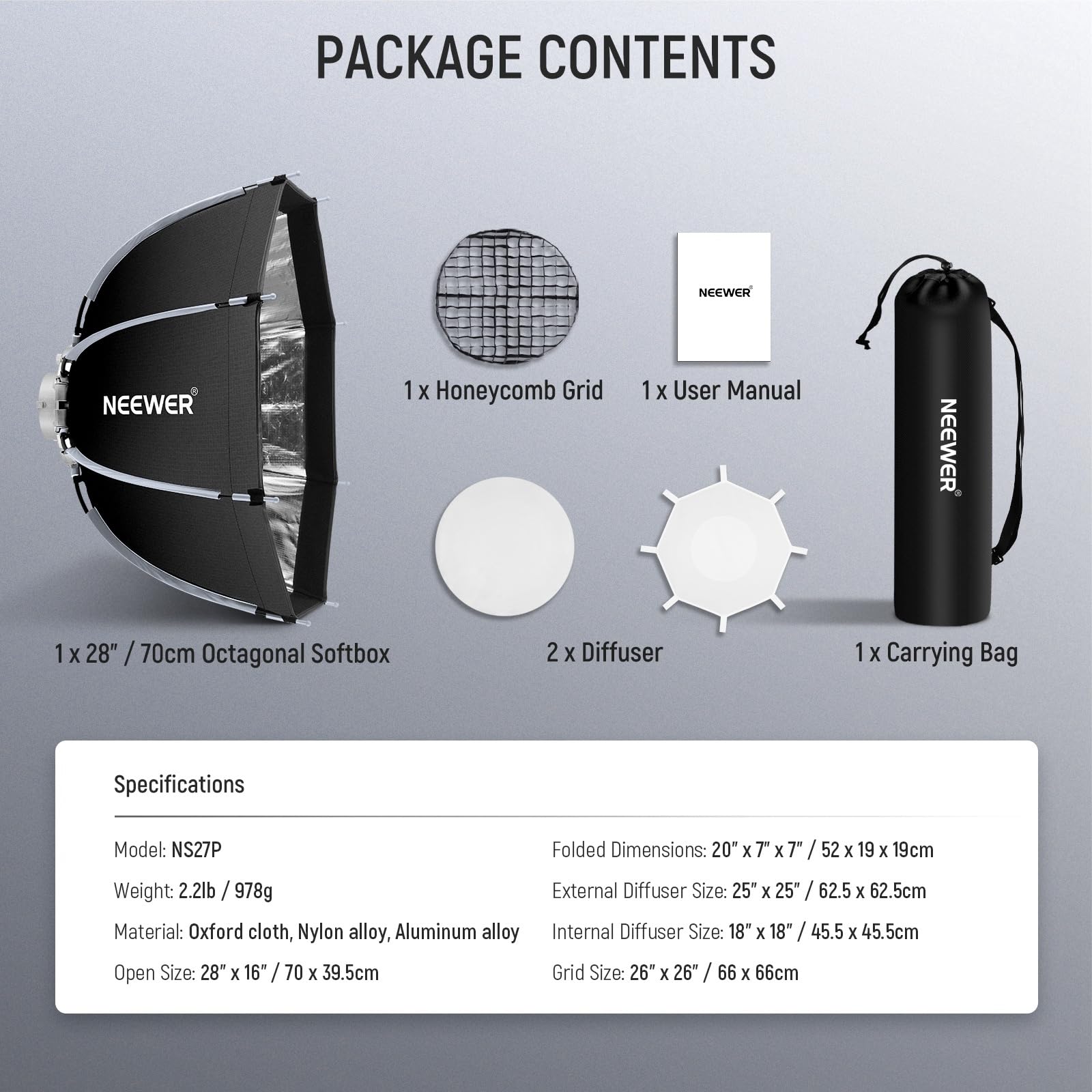 NEEWER Softbox ottagonale da 70 cm, Softbox Bowens a sgancio rapido con griglia a nido d'ape, diffusori di luce, borsa per RGB CB60 CB60B CB200B MS60B MS60C MS150B S101-300W/400W Pro Vision 4 Q4