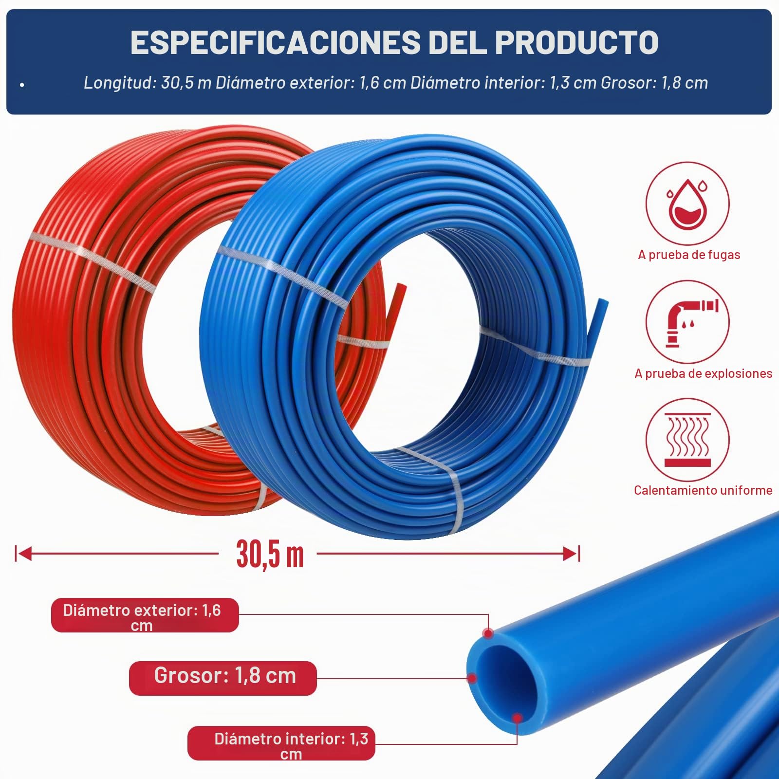 PEX Pipe - Tubo PEX de 1/2 pulgada, 100 pies, 2 rollos de tubos PEX EVOH Pex-B, barrera sin oxígeno, duradera, a prueba de fugas, flexible para líneas de agua residenciales en hogares, tubo de calor