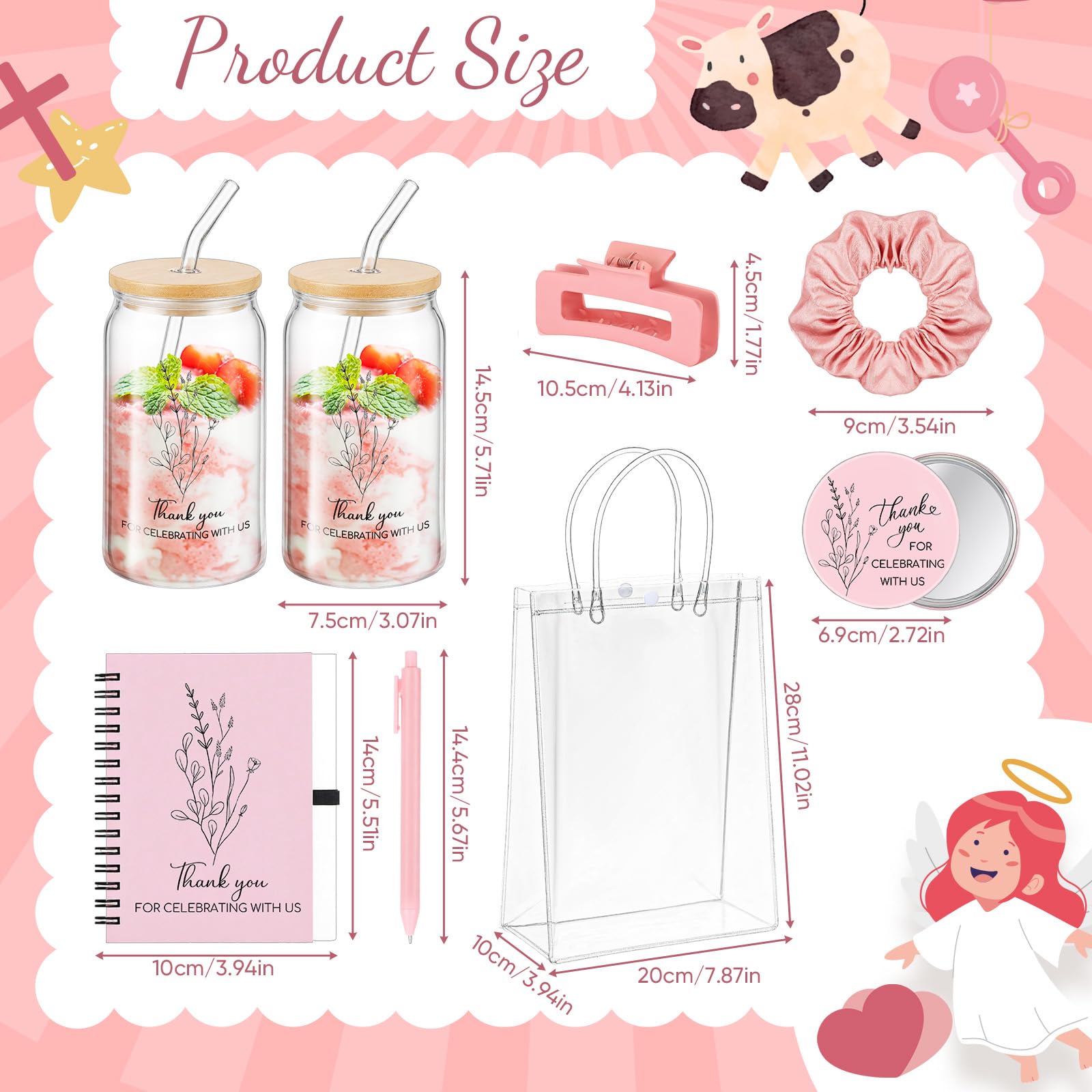 Zeyune 6 juegos de premios para baby shower para juegos, bodas, despedidas de soltera, regalos de fiesta de bebé, incluyendo cuadernos de cristal, bolígrafo, espejo, horquillas, bandas para el pelo