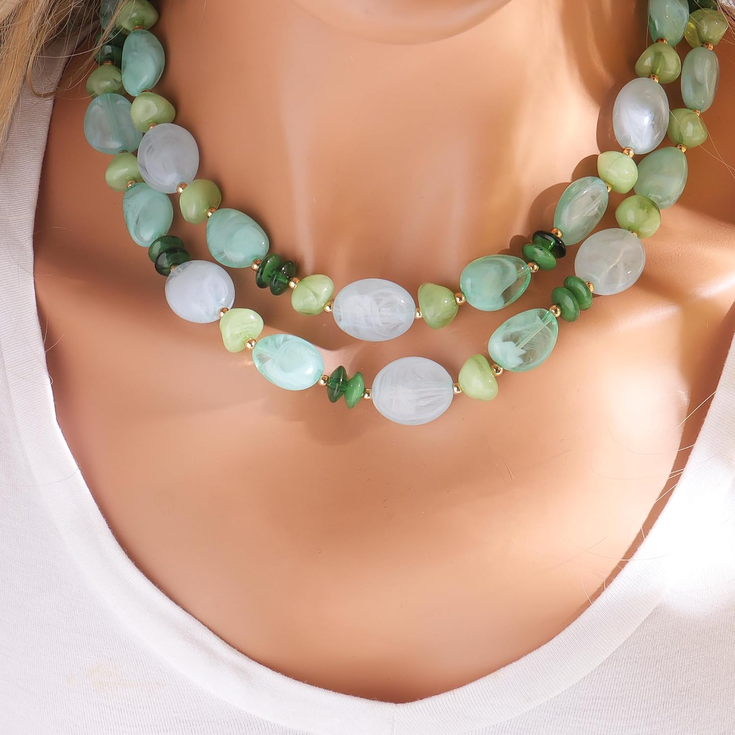 Irregular Bead Necklace for Women Two Layer Acrylic Statement Necklace 16+18 Inch with Extender Chain, Gift for Mom Wife Grandmother