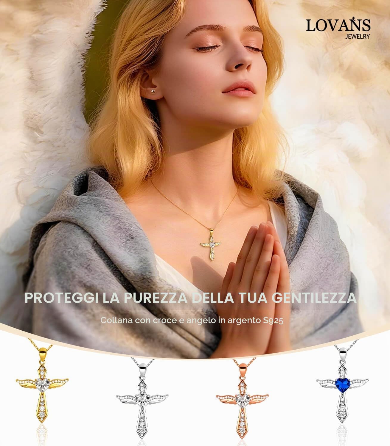 LOVANS Collana Croce Donna Girocollo Crocifisso Argento 925, Ciondolo Chiama Angeli con Zirconi a Forma di Cuore, Regalo Idea Compleanno Anniversario per Lei e Mamma, Lung. 45-50 cm (Oro/Argento/Rosa)