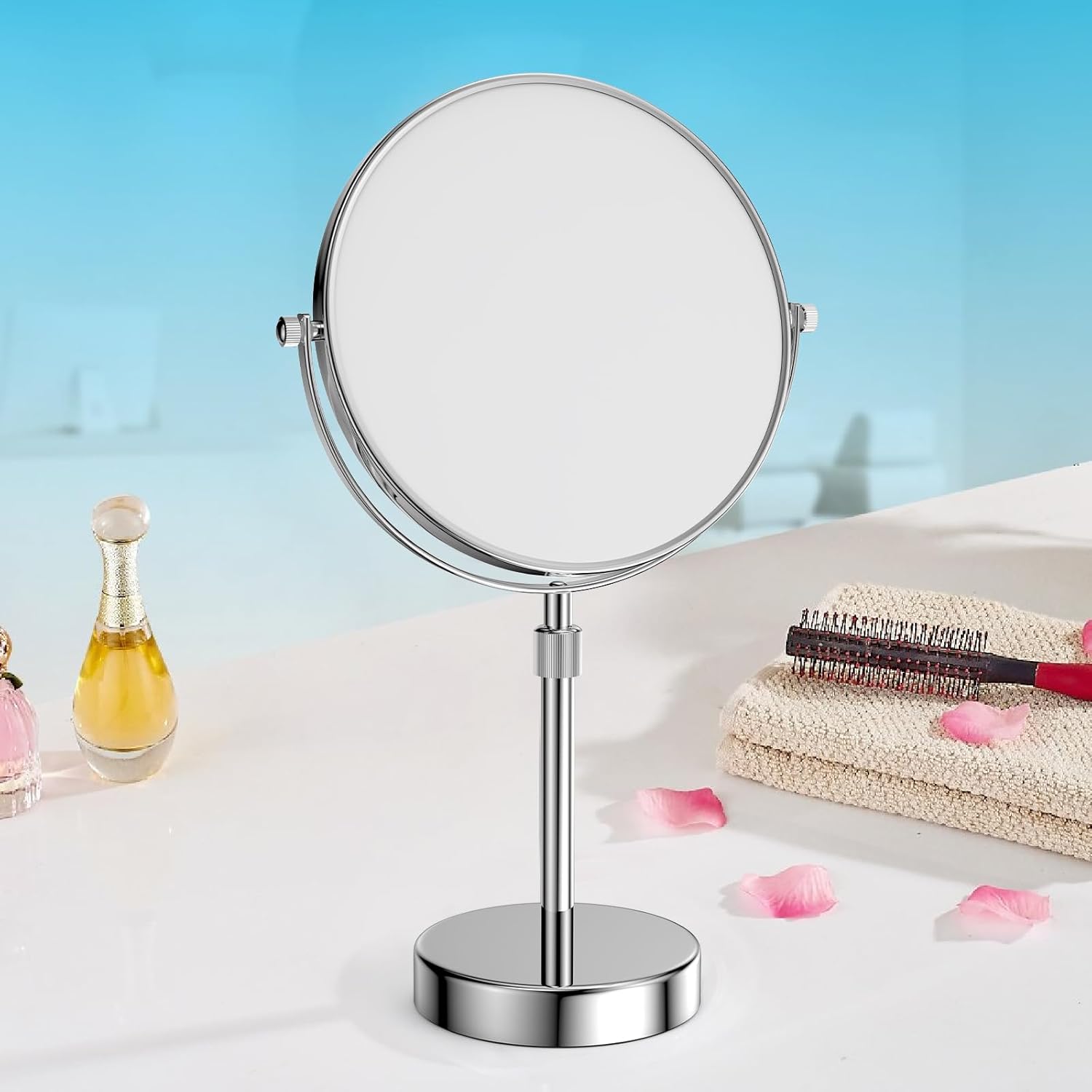 Nicesail Makeup Mirror Tabletop 8 Inch Double-Sided with 7X Magnification, Magnifying Mirror with Pedestal for Shaving Mirror, Height Adjustable for Make up Vainity Table, Chrome Finish (8 Inch, 7X)