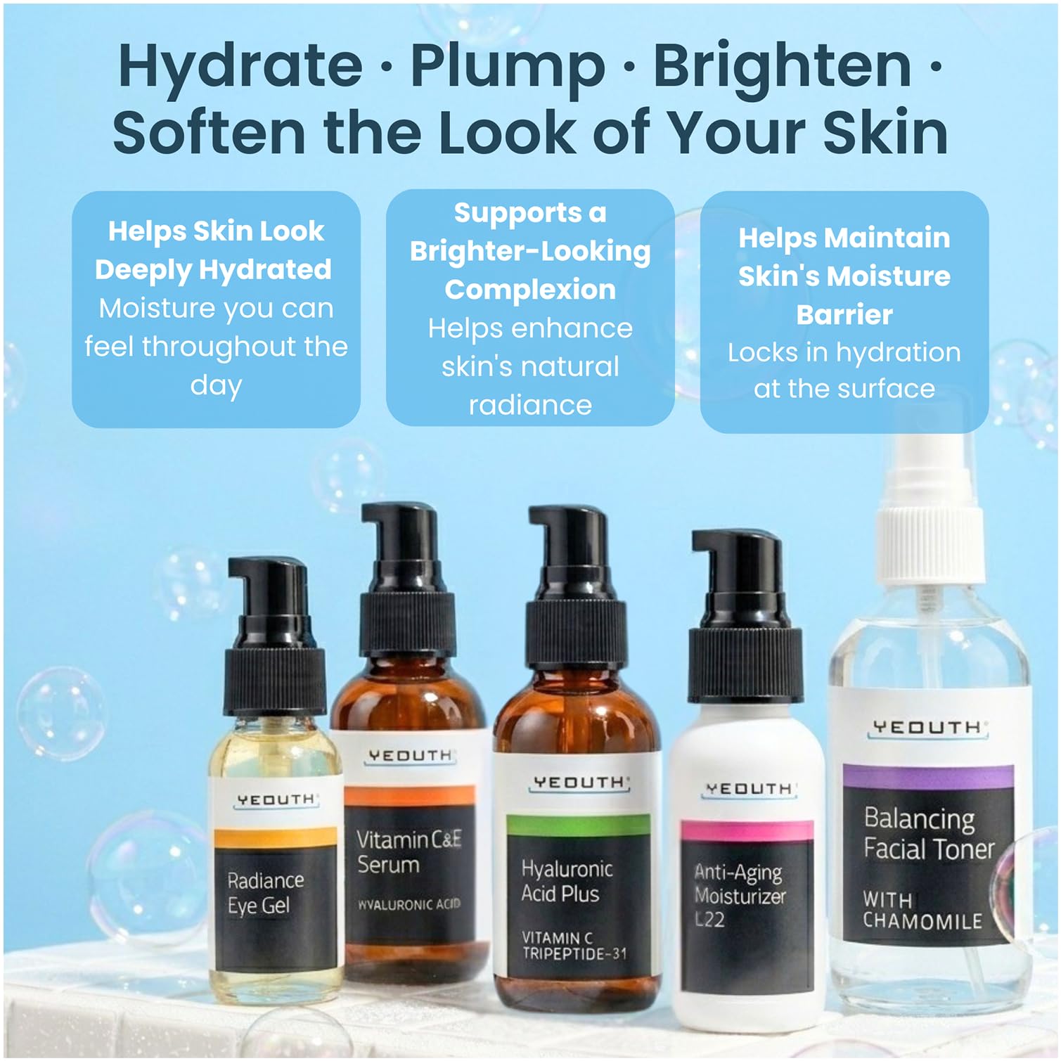YEOUTH Hyaluronsäure Serum, Vitamin C Serum, Alkoholfrei Gesichtswasser, Augengel, Gesichtscreme, Beauty Produkte Damen & Männer, Komplettes Anti Aging Skincare Set 5-Stück