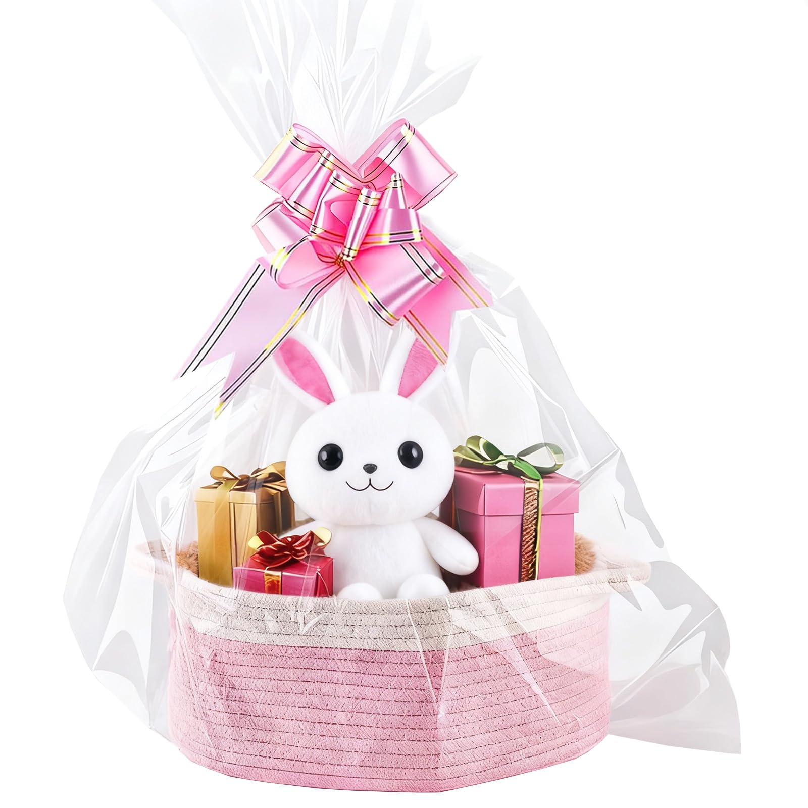 Cesto Regalo Vuoto Con Cellophane E Nastro | Corda Cotone Rosa-Bianco 30x20x12 Cm, Intrecciato A Mano, Per Baby Shower E Matrimoni