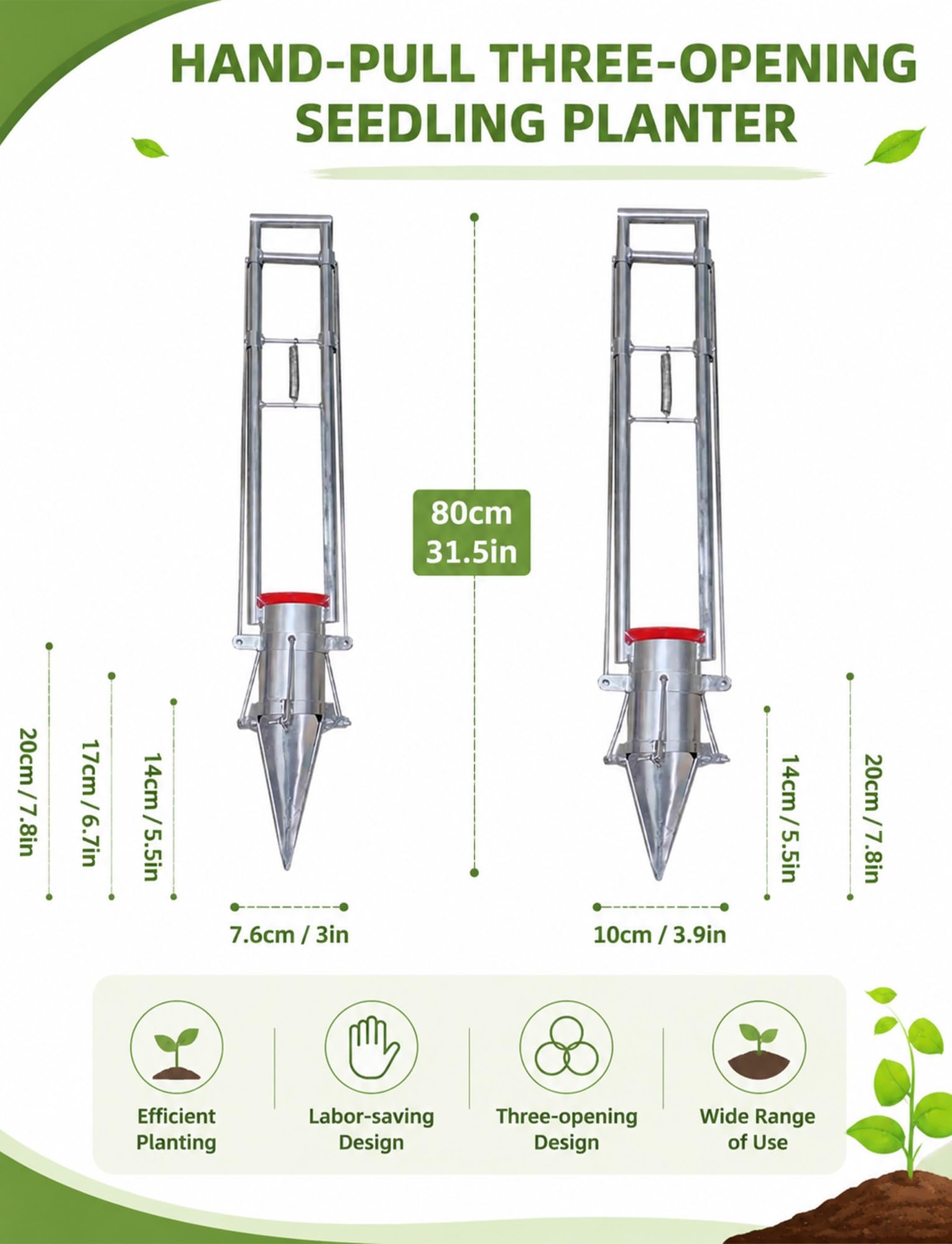 Strumento for piantare bulbi a manico lungo, trapiantatrice for piantine a 3 aperture, creatore manuale di fori da giardino in acciaio inossidabile for letti di verdure(3 in/7.6 cm,7.9 in/20 cm)