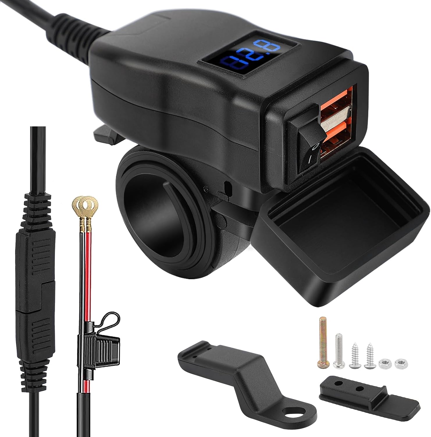 Motorcycle USB Charger, Dual USB A 12V-24V Universal with Voltmeter SAE Interface for Handlebar Travel (Blue Voltmeter Digital Display, Dual USB-A)