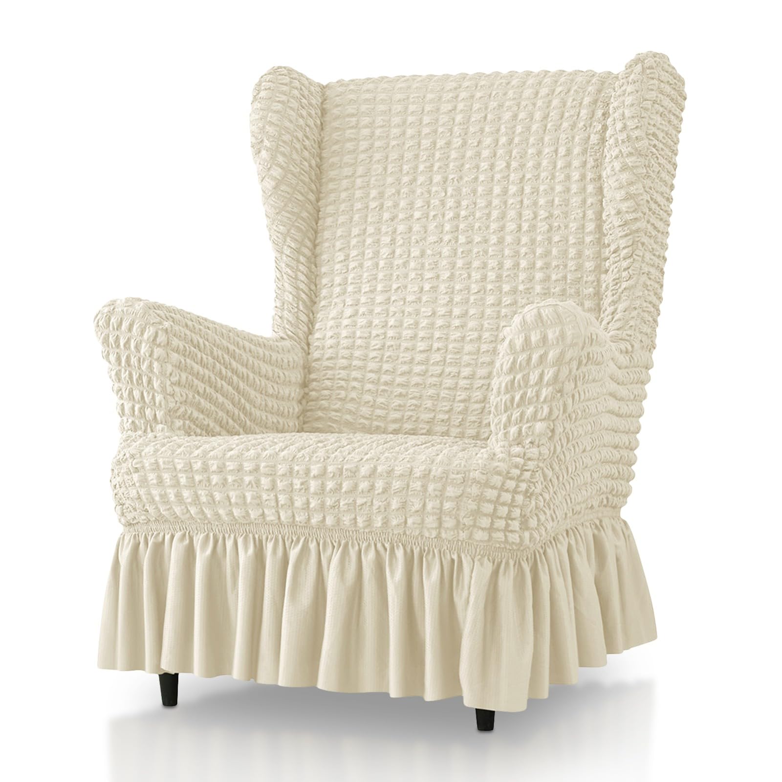 Ouxeer Stretch Seersucker Wingback Chair Slipcover, Bubble Wing Chair Slipcovers with Skirt, Living Room High Back Chair Covers Set with Ottoman Cover
