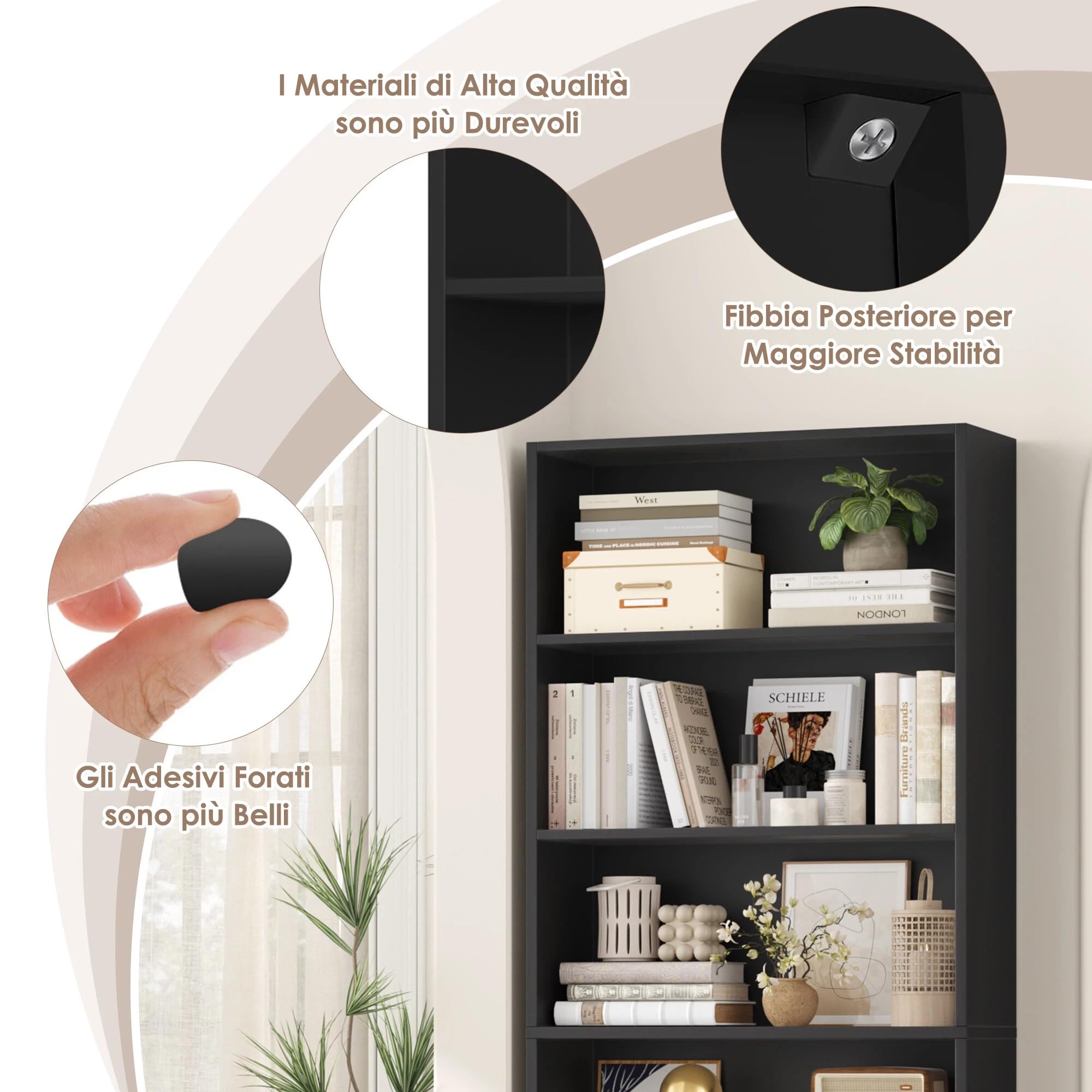 FirFurd Libreria Scaffale per Soggiorno, Libreria a 6 Ripiani,Scaffale Portaoggetti Porta Libri in Legno, Mobiletto Multiuso per Cucina, Ufficio, Studio 60x23,5x180cm (Nero)