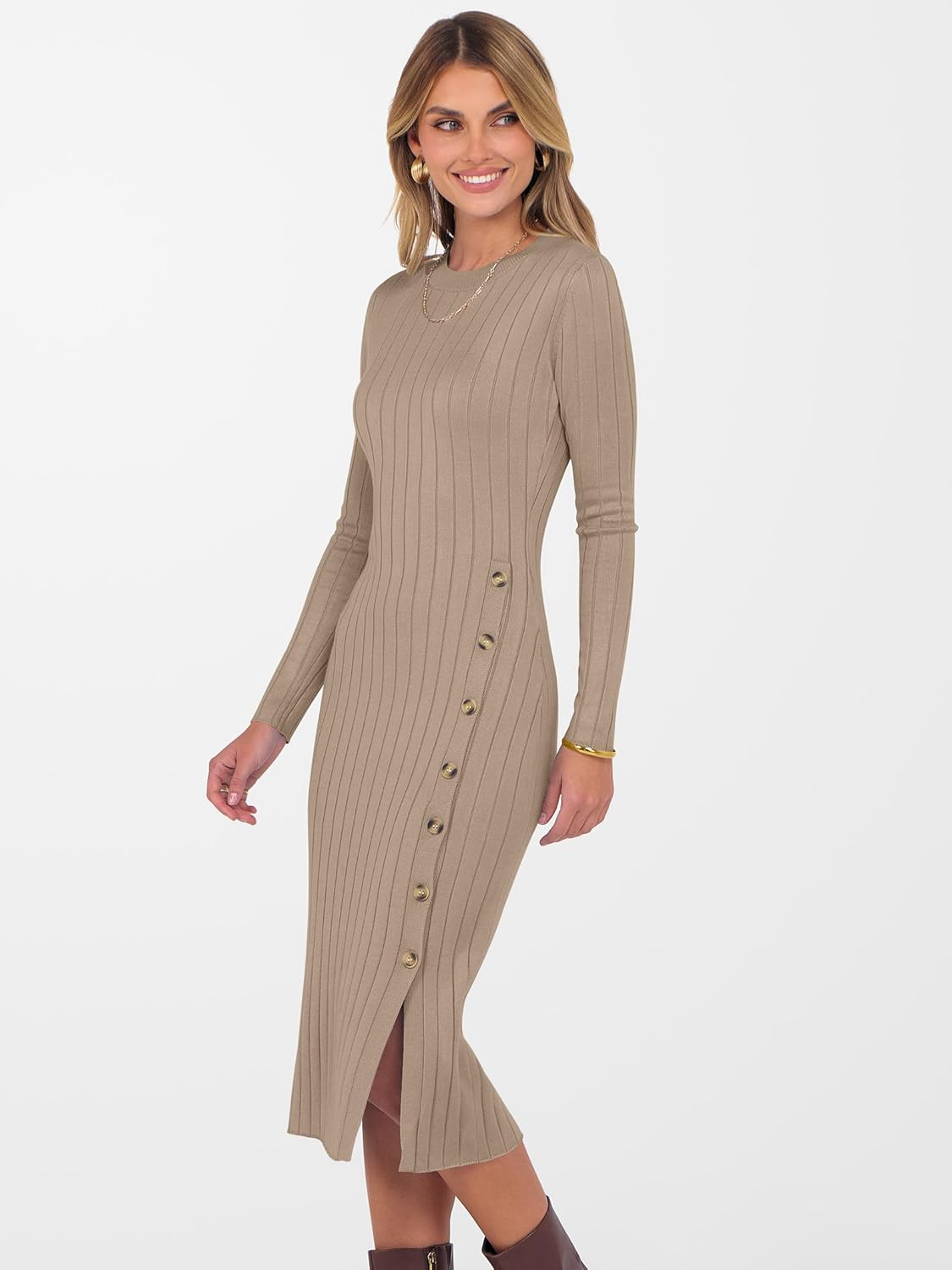ANRABESS Womens 2025 Fall Long Sleeve Midi Dress Ribbed Knit Bodycon Fitted Button Down Wedding Guest Slit Sweater Dresses - Image 5