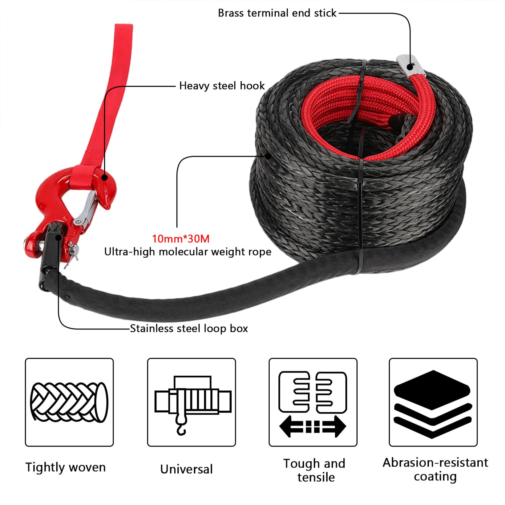 Corda Verricello, Corda Traino 8mm x 15M, Corda Sintetica 12 Fili con Copertura Protettiva e Gancio in Metallo, Corda Forestale Forza Massima di Trazione 6000KG, per ATV UTV SUV Camion Barca Offroad