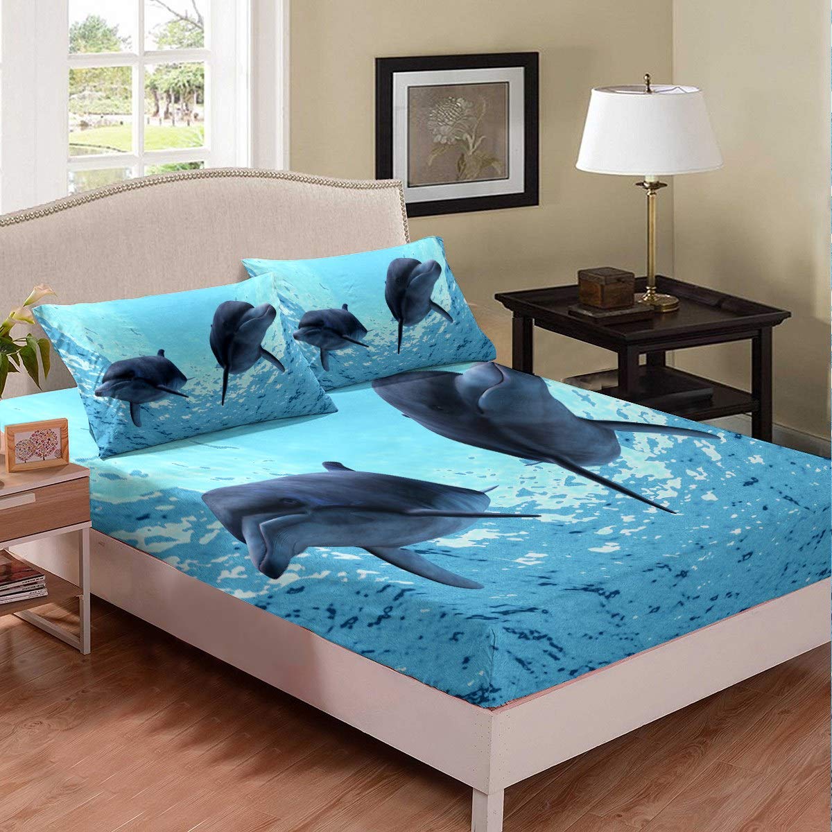 Set di lenzuola con delfini in cartone animato, con angoli marini, per ragazzi, ragazze, bambini, adolescenti, creature marine, colore blu, king size con 2 federe