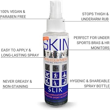 Skin Strong Slik Anti-Friction and Anti-Chafe Spray. Eliminates Chafing and Defends Against Friction. Quick Spray Application for Feet, Thighs, Bras, and Wetsuits. Non-Greasy and Non-Staining.