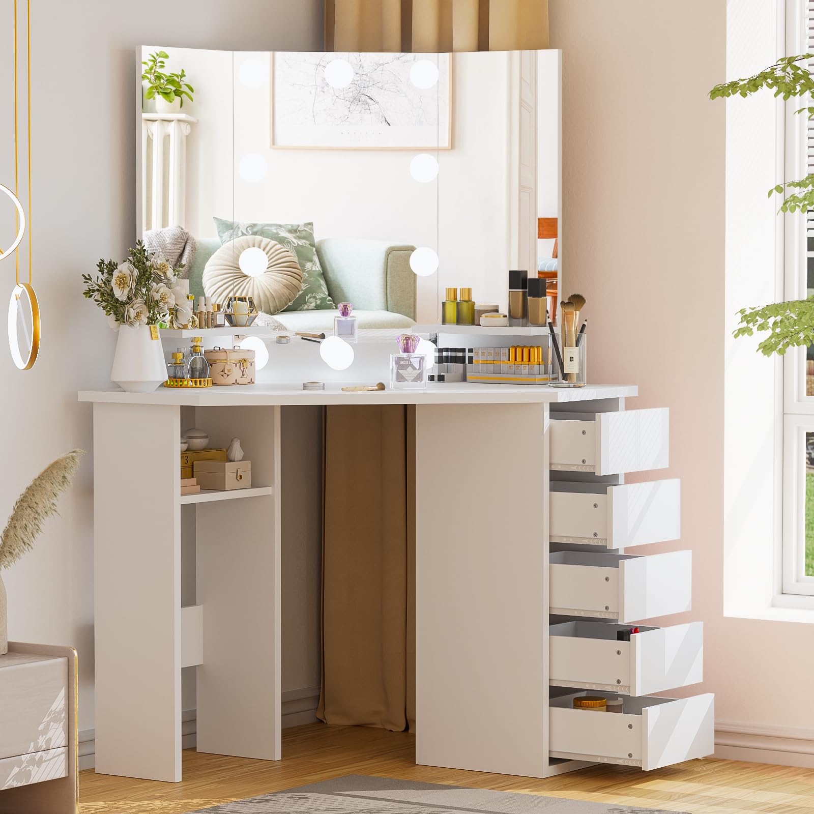 Likein Corner Vanity Desk with Mirror and Lights, White Makeup Vanity with 5 Drawers and Mirror for Women Girls, Dressing Table with 3 Lighting Modes Adjustable