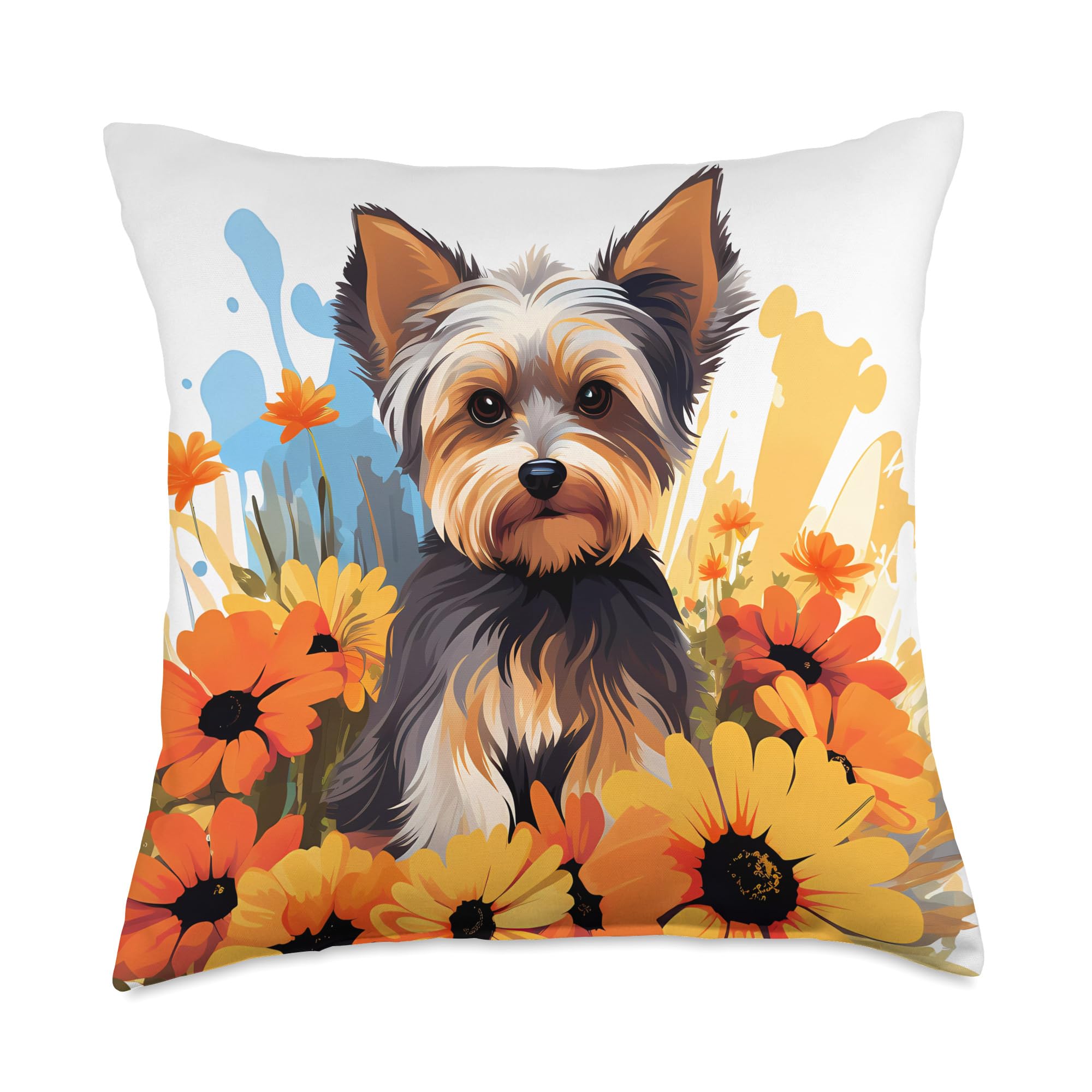 Cute Yorkie in Flower Garden Yorkshire Terrier Dog Mom Throw Pillow
