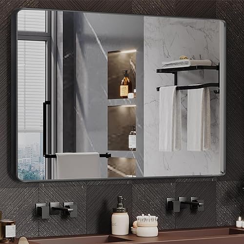 Espejos con marco negro para baño, espejo rectangular redondeado de 48 x 30 pulgadas para pared, espejo de tocador negro mate con vidrio templado,