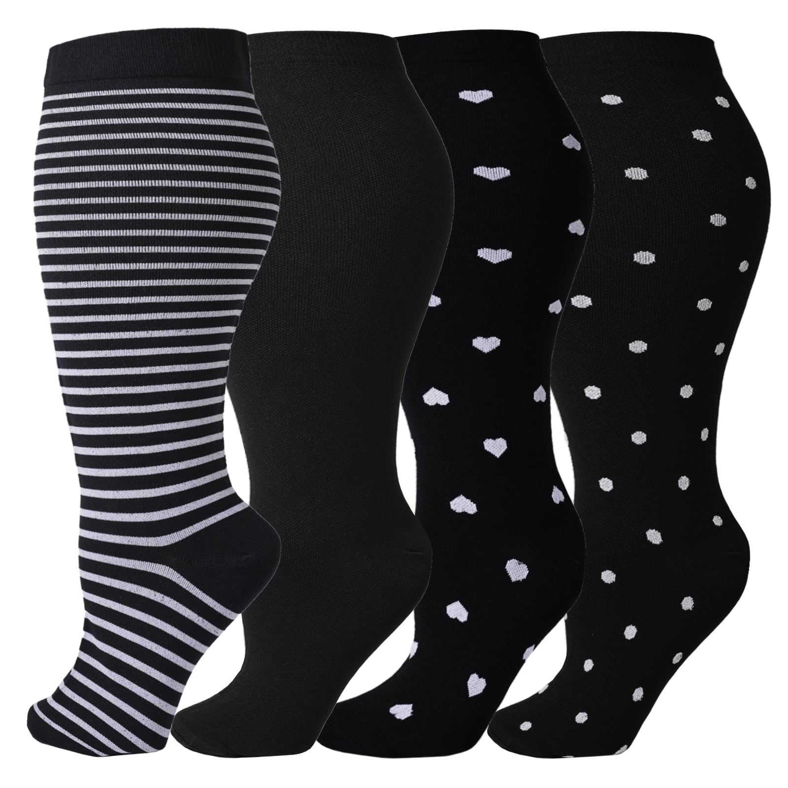 CUBIEX 4 Pairs Plus Size Compression Socks Unisex 20-30mmHg Knee high XXL XXXL XXXXL Wide Calves for Flying Running for Woman & Man