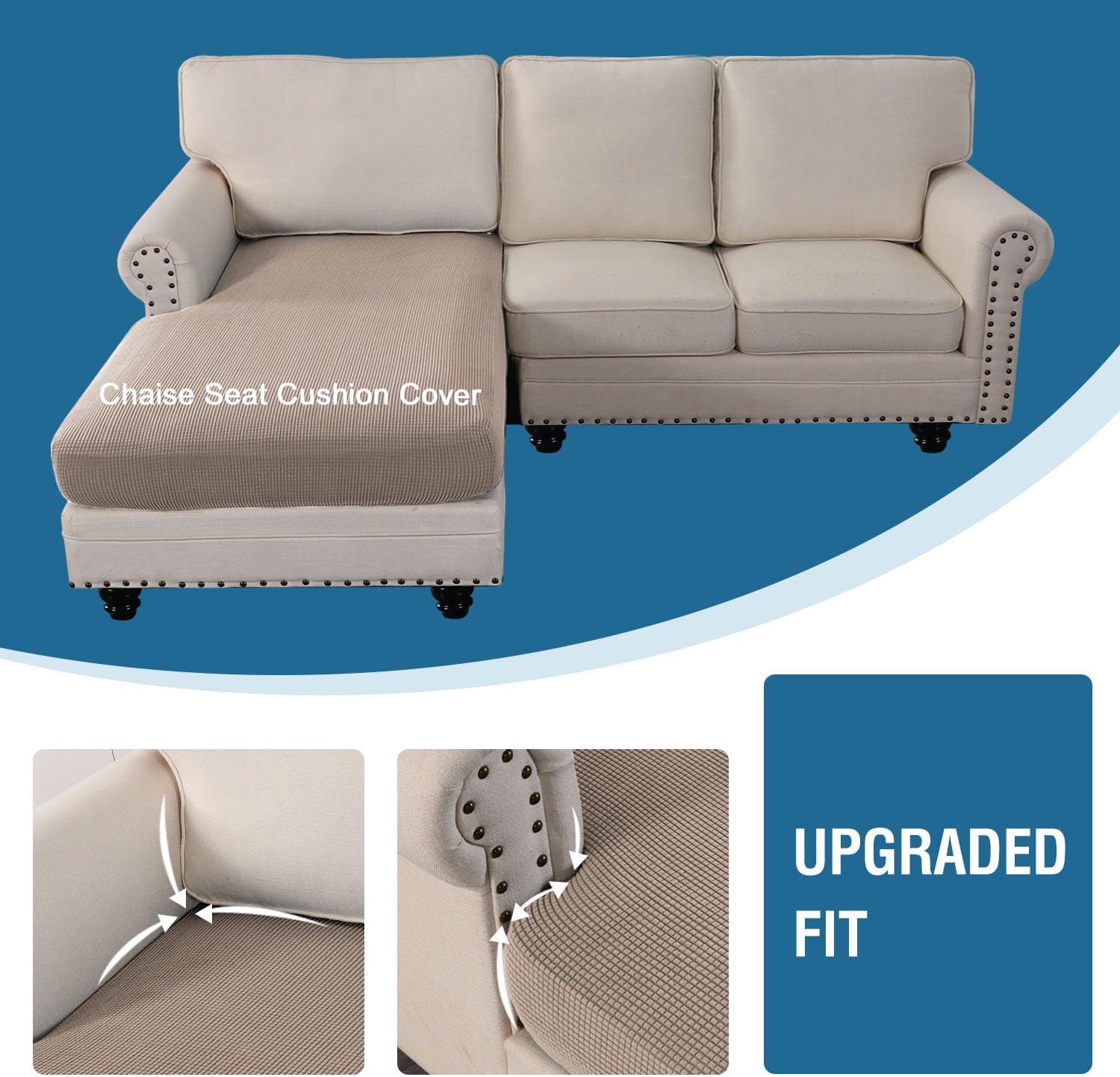 H.VERSAILTEX Sectional Couch Covers 1 Piece Chaise Slipcover L Shape Separate Cushion Couch Cover for Both Left/Right Sectional Couch (Seat Only: 1 Chaises, Sand)