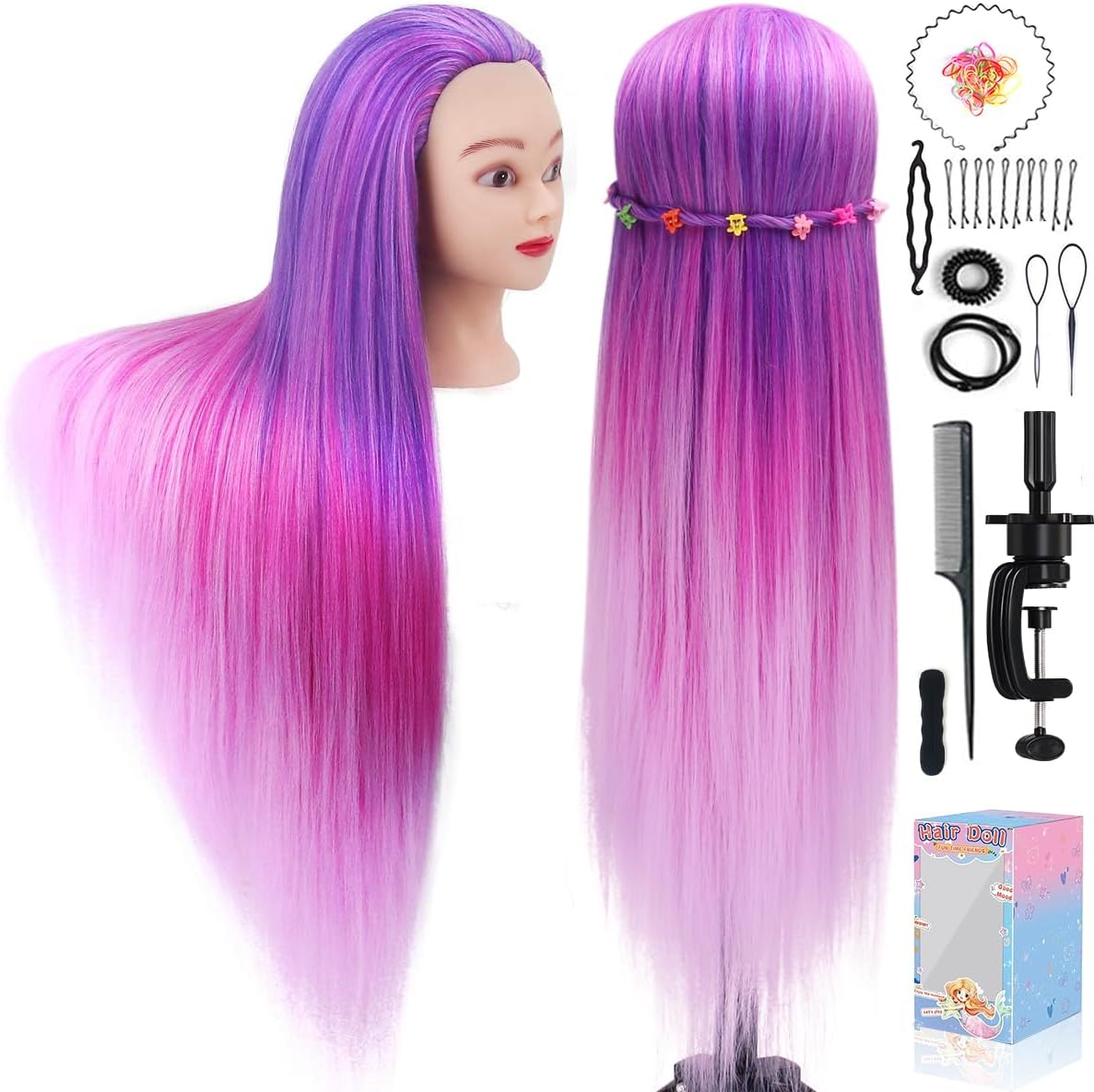 Beauty Star Mannequin Head with Hair, 29.5 Inch Training Head Hair Mannequin Manikin Head Cosmetology Doll Head Practice Styling Hairdressing Training Braiding Heads + Table Clamp Stand + Braid Sets