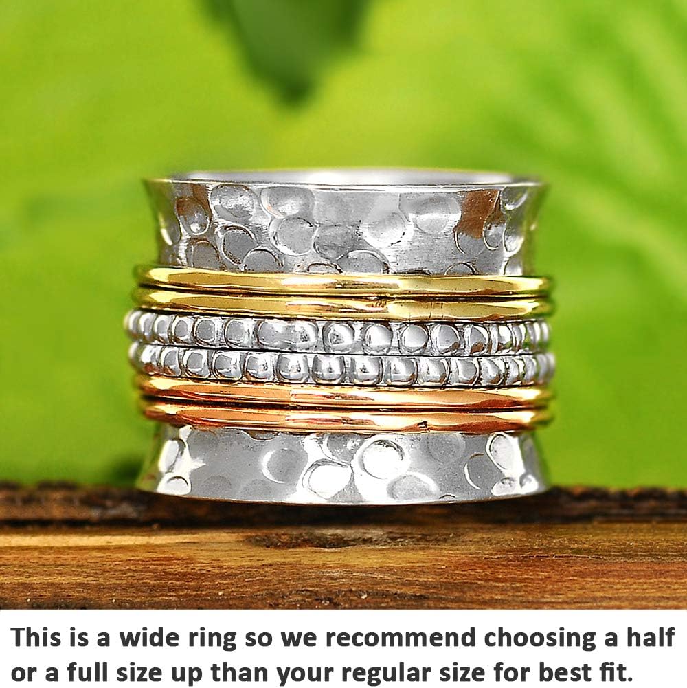 Boho-Magic 925 Sterling Silver Spinner Ring with Brass and Copper Fidget Rings for Women Wide Band - Image 2