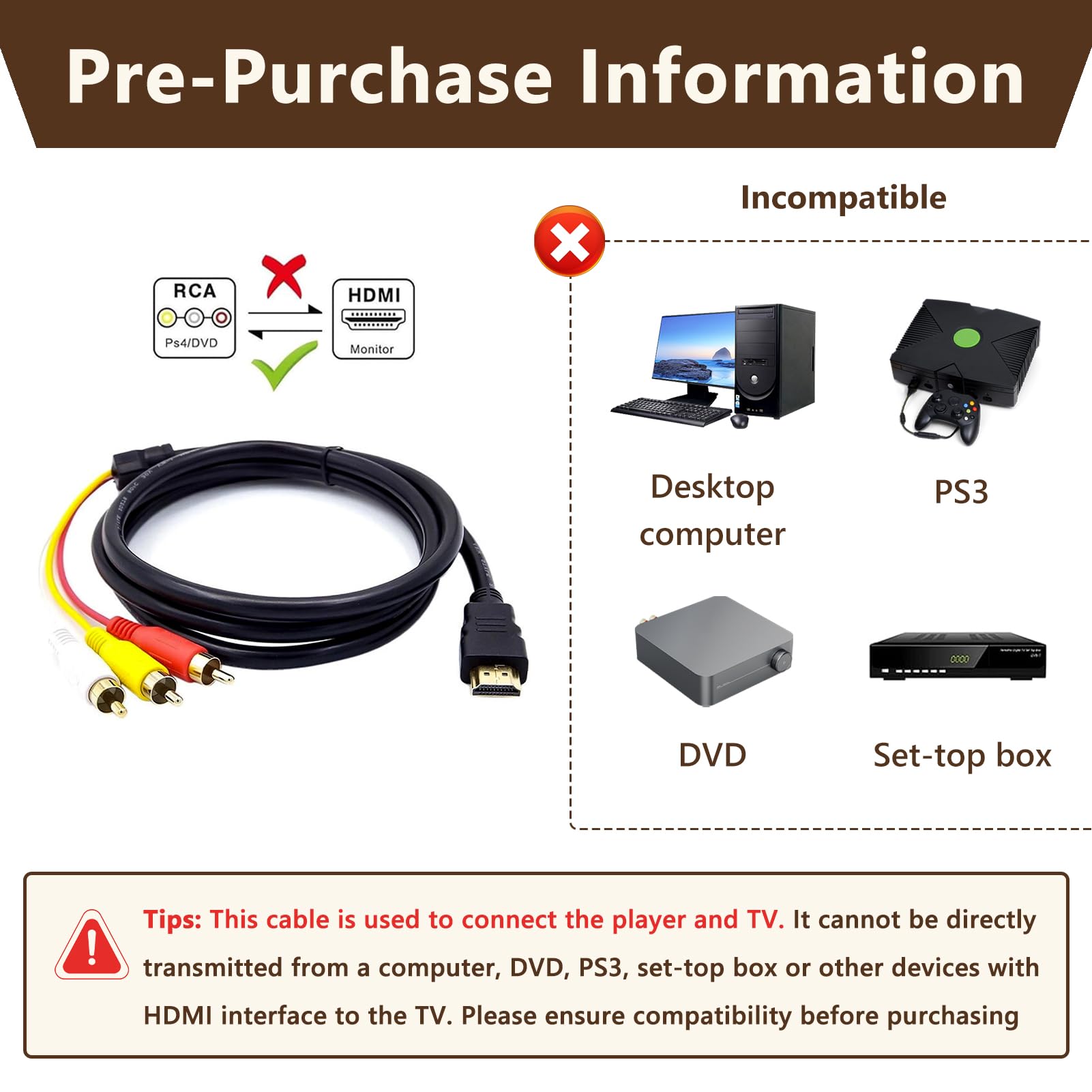 Adaptateur HDMI Vers RCA, Convertisseur HDMI En 3RCA 1080P Supporte PAL