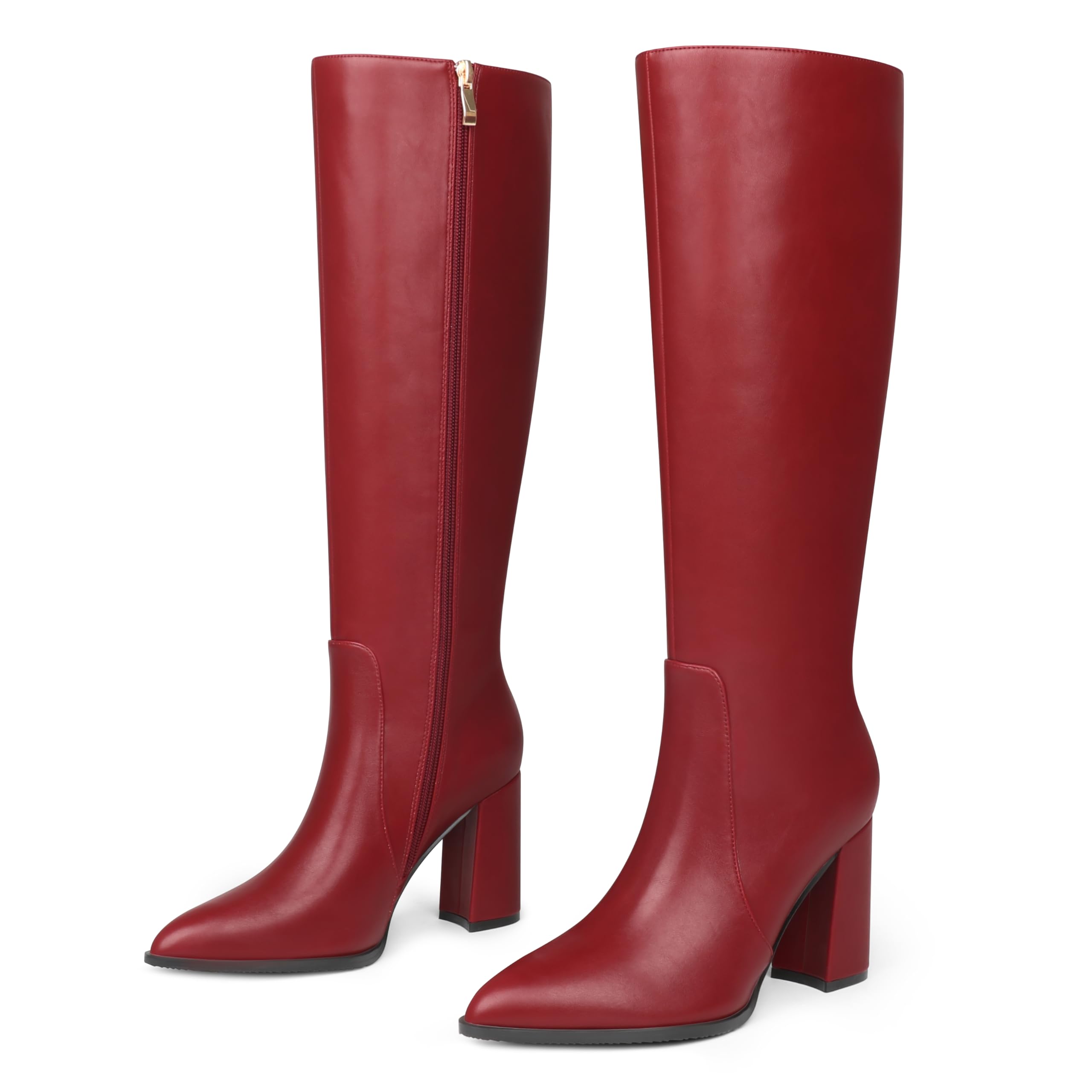 COLETER Womens Knee High Boots Pointed Toe Chunky Gogo Boots Zipper Block Heeled Tall Dress Boots