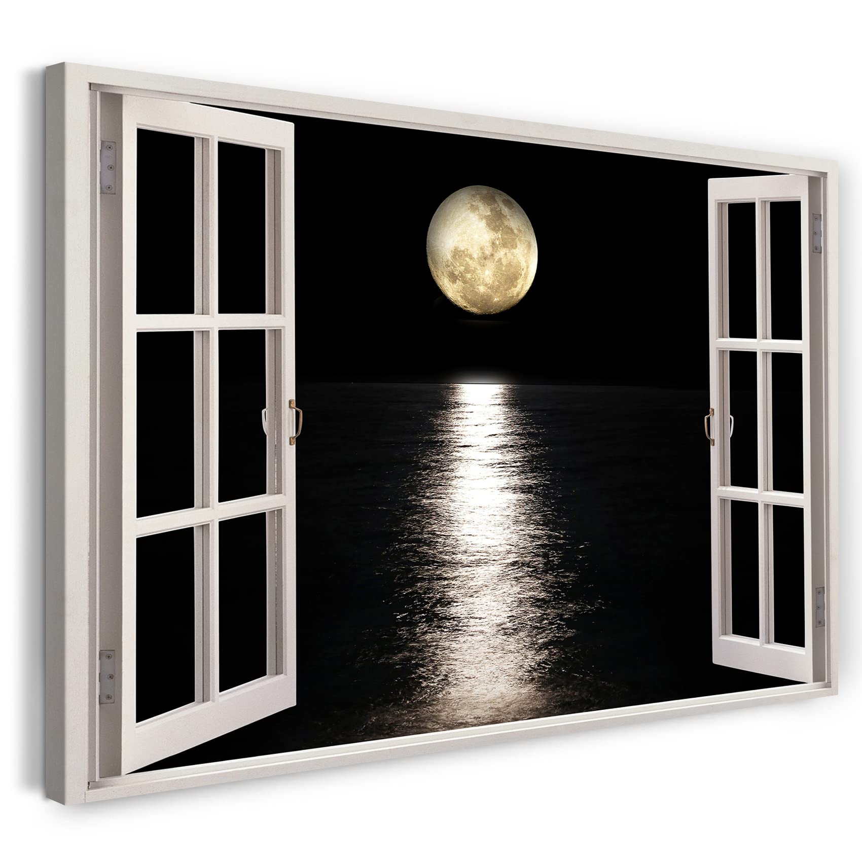 Print on Canvas (120x80 cm) view from the window - reflection of the sea water in the moonlight - nature photography, real wood frame with hook