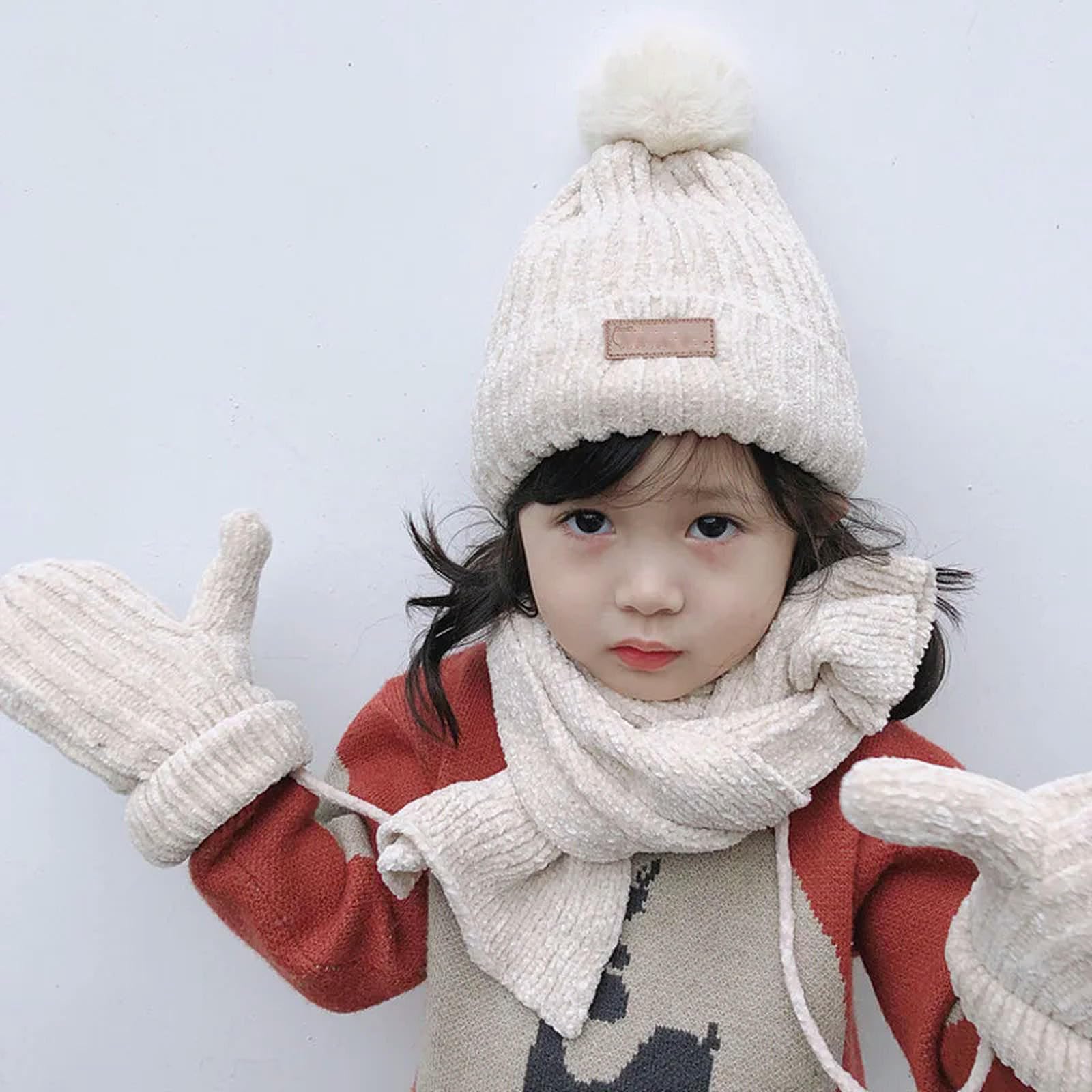 Zonto Wintermütze Schal Handschuh-Sets 3-Teilige Set Von Winter Kinderhutschalhandschuhe Für Kinder Jungen Mädchen Warm Pom Pom Hut Halsschal-Beige-3-36 M Eine Größe