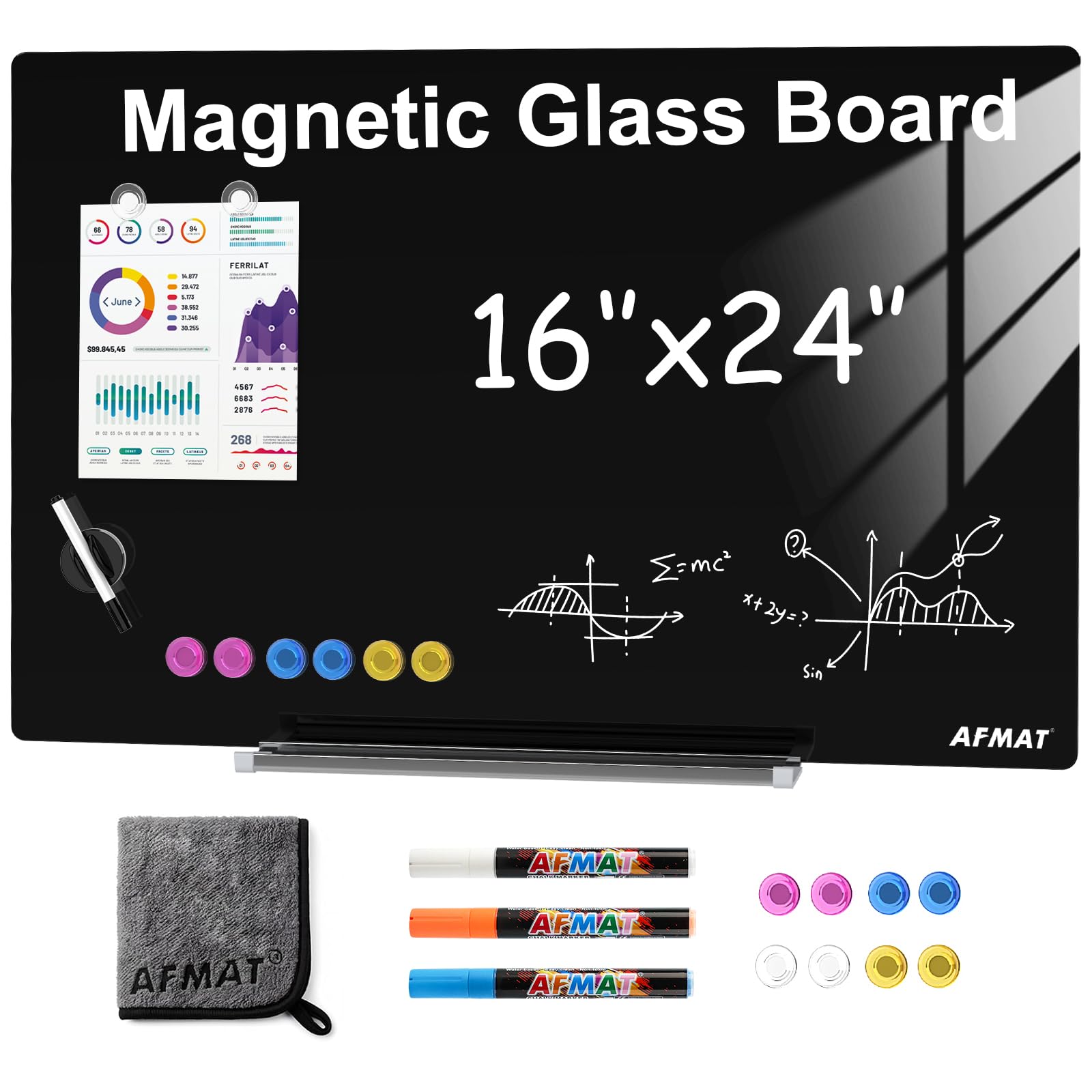 AFMAT Magnetic Black Glass Dry Erase Board 60 x 40 cm, Frameless Tempered Glass Whiteboard, Wall Mounted Dry Erase Board for Office Meeting Room and Classroom, Includes Markers and Magnets, GB05