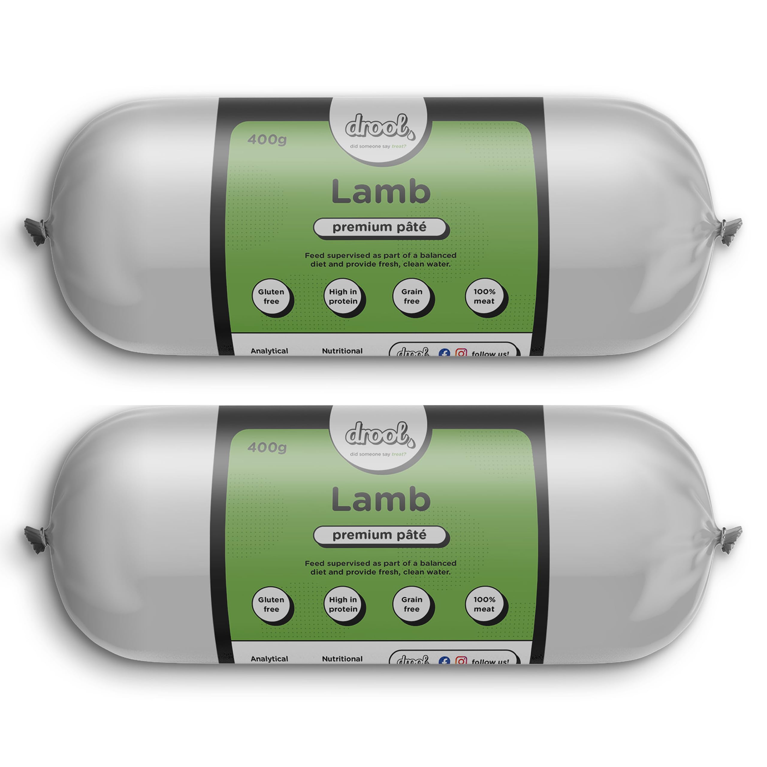 Drool Pet Products | Premium 2 x Lamb Dog Pate Tube Roll | Grain-Free High Protein Dog Food | Twin Pack 2 x 400g