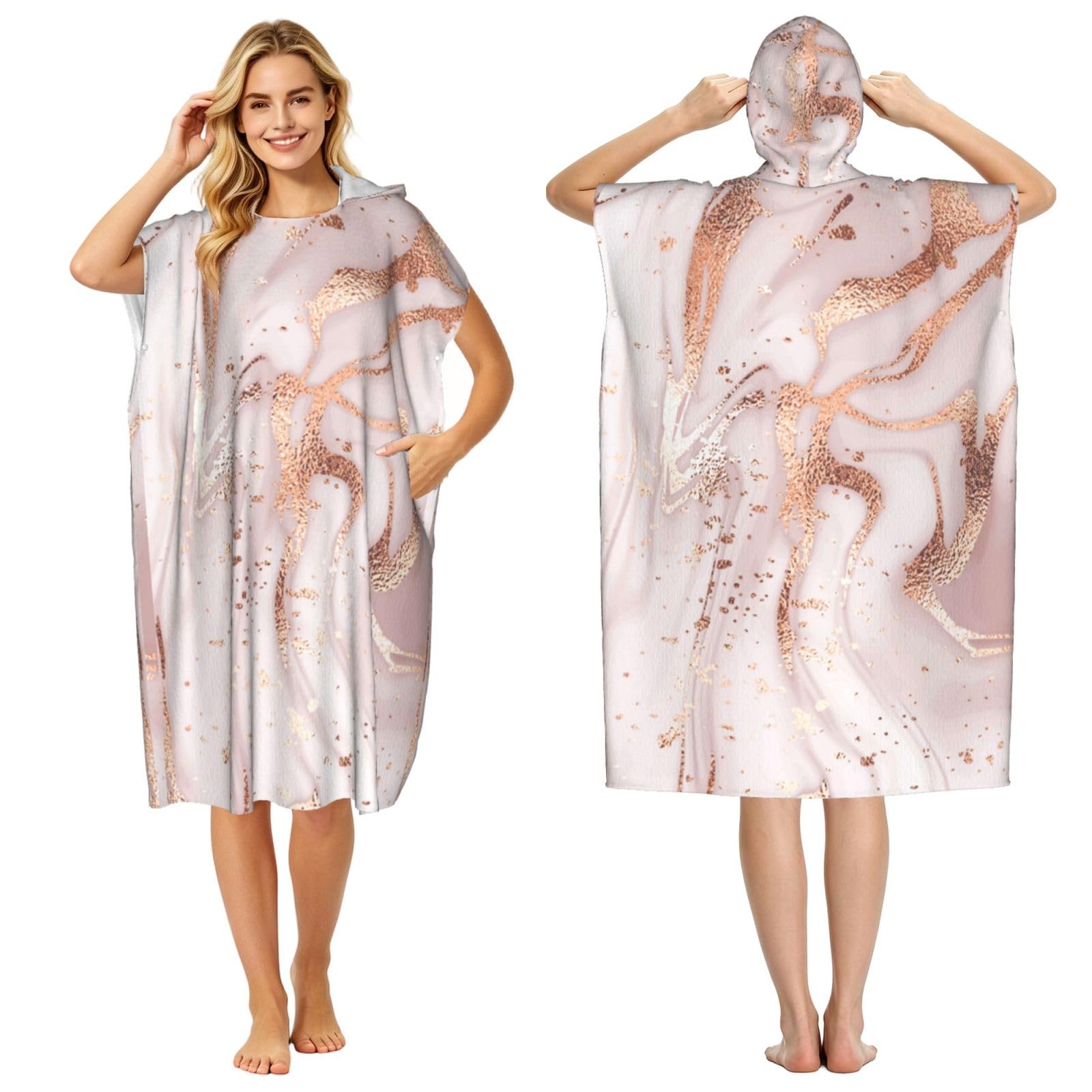 Poadnly Liquid Abstract Marble With Rose Gold Glitter Splatter Texture, Adult Hooded Beach Towel 90 x 110 cm,Changing Bath Robe, Surf Poncho Towel For Women Men