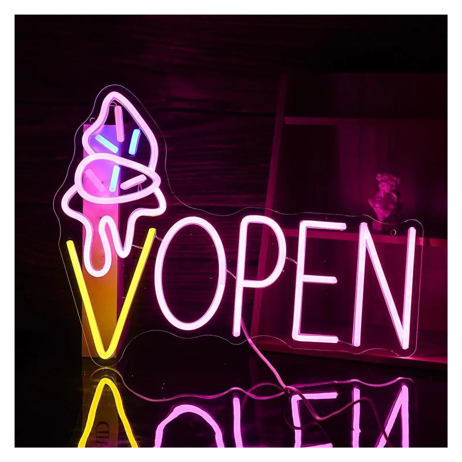 Luces de neón Letrero De Neón Con Luz De Helado Abierto Para Negocios Tiendas Postres Bares Fiestas Cafeterías Decoración Lámpara Iluminada Regulable 38cmx29cm