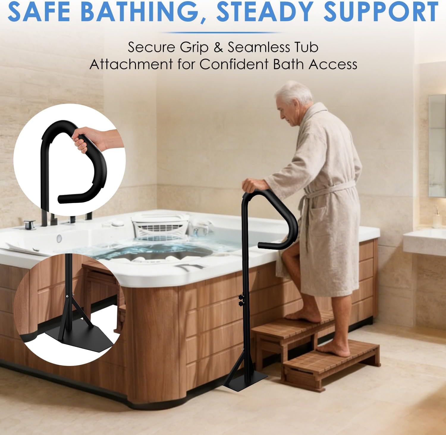 360° Rotatable Hot Tub Handrail, 35"-57" Adjustable Height Black Aluminum Spa Side Rail, 600LBS Load Capacity, No Drill Slide-Under Mount