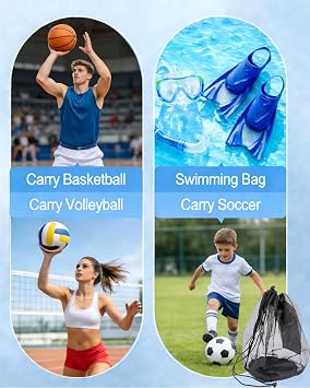 2Pcs Single Mesh Ball Bag for Basketball Soccer & Volleyball, Lightweight Net Storage with Zipper Pocket for Sports, Portable Drawstring Bags with Hanging Clip for Men, Women & Athletes, Black