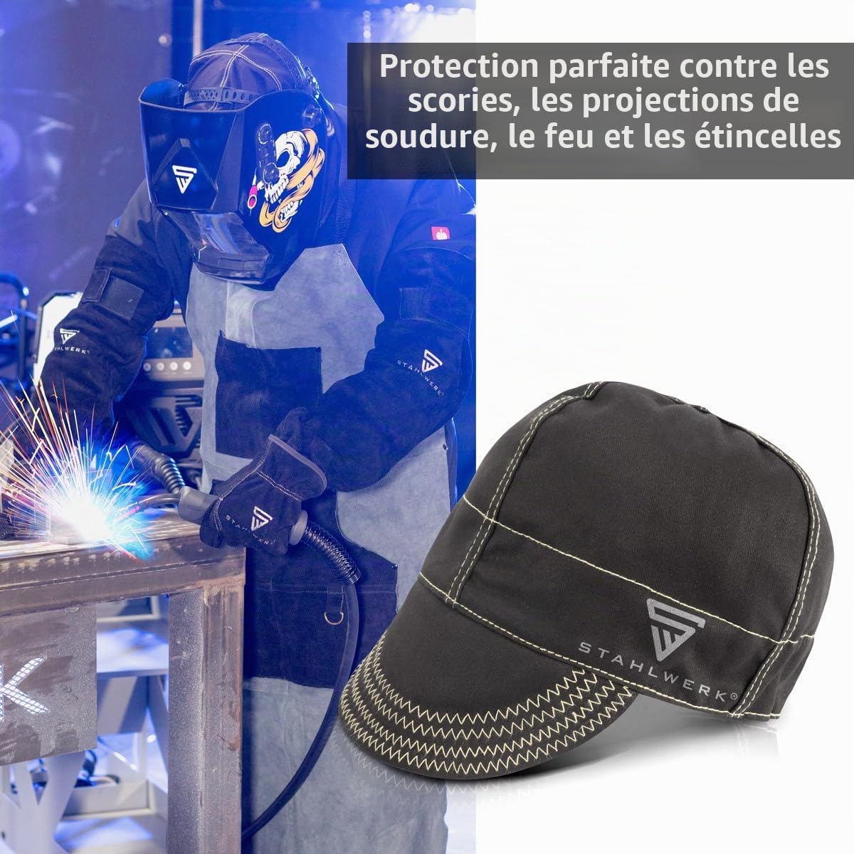 STAHLWERK Bonnet de soudeur | Bonnet de soudeur | Casque de soudage | Masque de soudeur | Vêtement de protection ignifuge pour soudage et découpe plasma