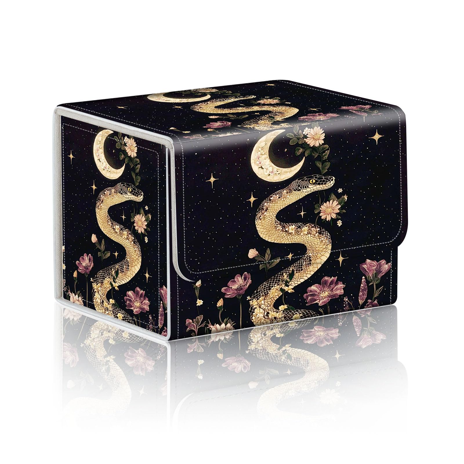 DISUOFEART Trading Card Storage Box, Holds 100+ for MTG Cards, Premium PU Leather with Magnetic Closure, Floral Snake & Moon Durable Deck Box for Magic the Gathering, Trading Card Games
