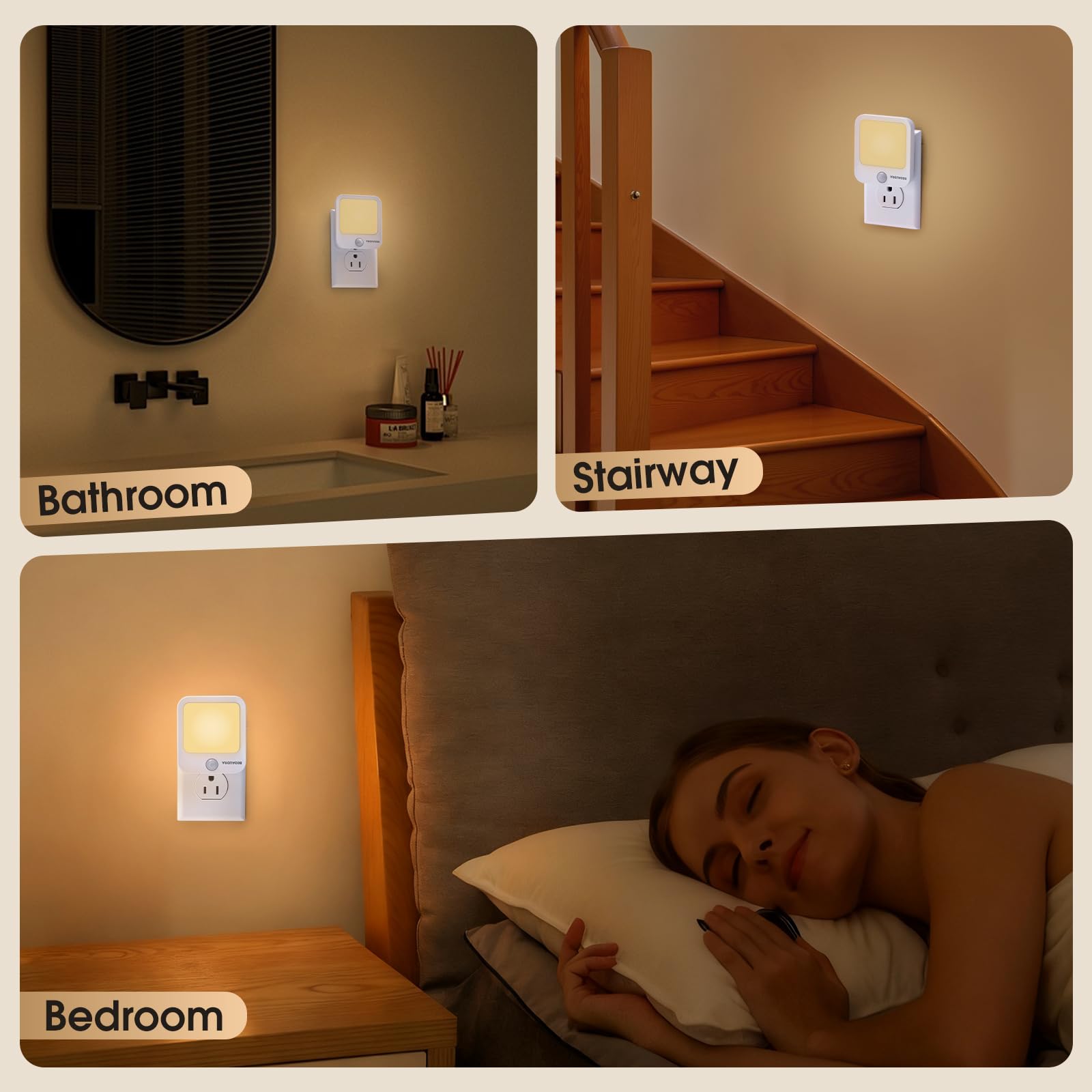 Plug-in-Bewegungsmelder-Lichter mit einstellbarer Helligkeit, warmweiß, bewegungsaktiviertes LED-Nachtlicht für Schlafzimmer, Badezimmer, Treppen, Flur, Wohnzimmer, 2 Stück