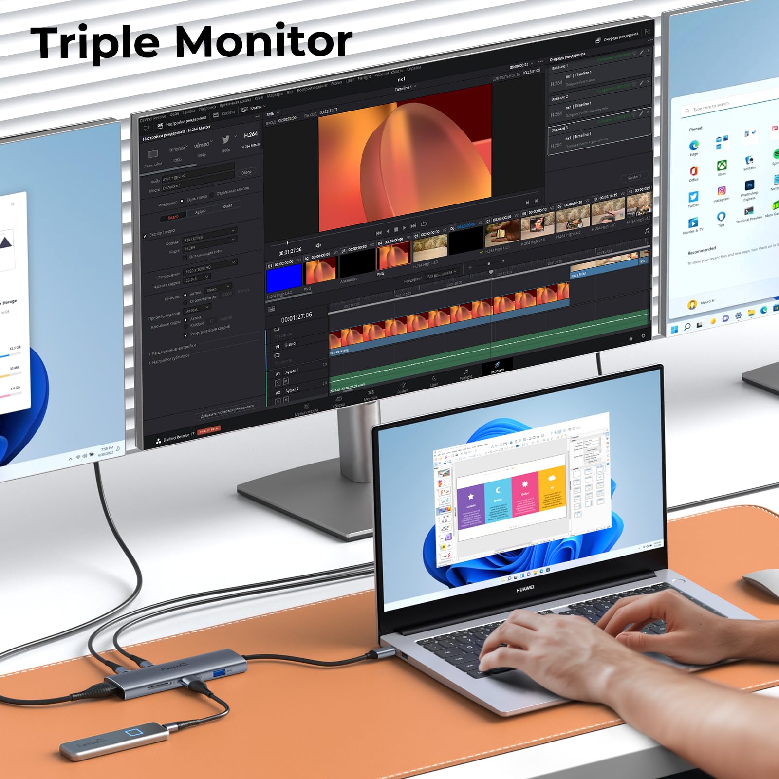 Koncentrator USB C z obsługą Dual/Triple Monitor, 4K 30-60 Hz HDMI, 100 W PD, 6X USB 10 Gbit/s, SD4.0, stacja dokująca typu C do systemu Windows/Chrome OS, z kablem wideo USB C