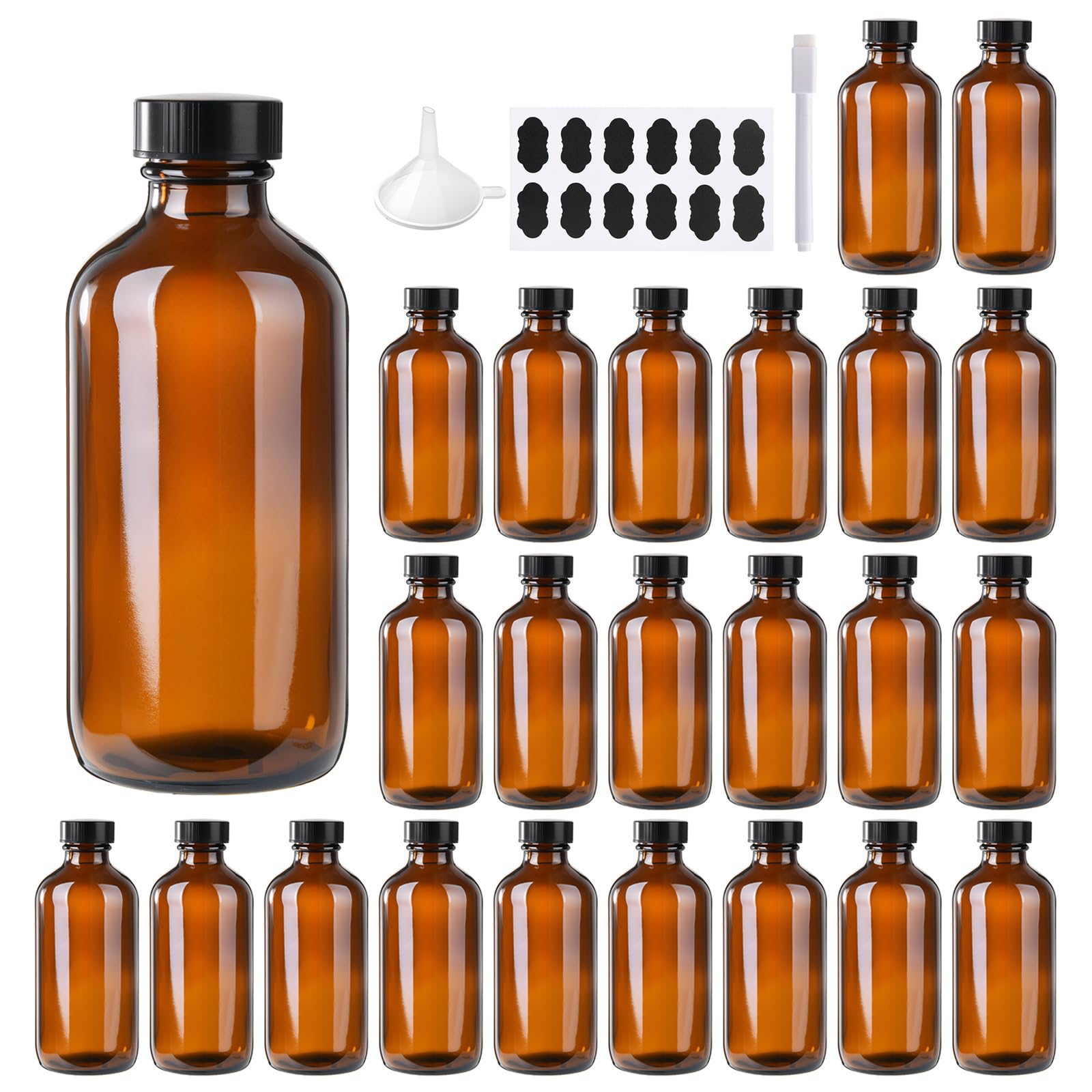 24 Pack 4 oz Amber Boston Glass Bottle with Black Poly Cap, Funnel, Chalk Labels, Pen for Homemade Vanilla Extract, Essential Oils, Wedding, Christmas, Holiday Gift